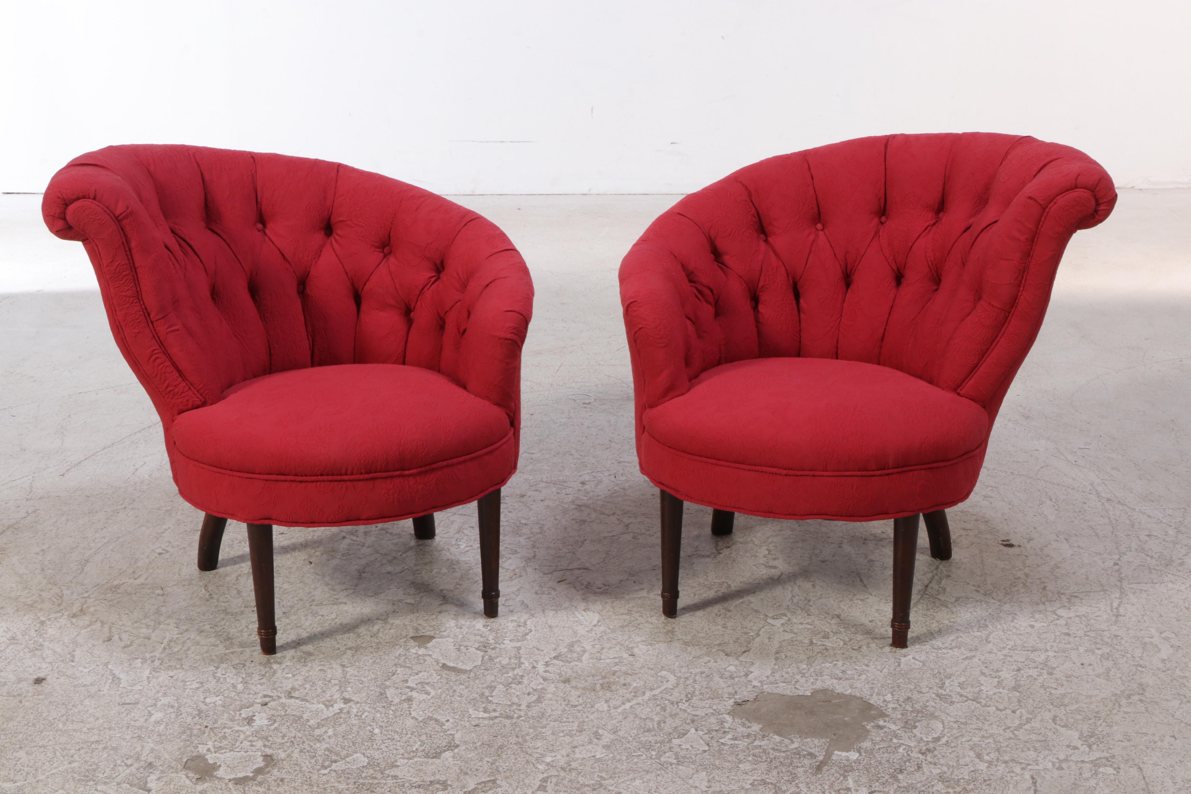 Pair of Hollywood Regency Style Mahogany & Buttoned-Down Asymmetrical Tub Chairs
