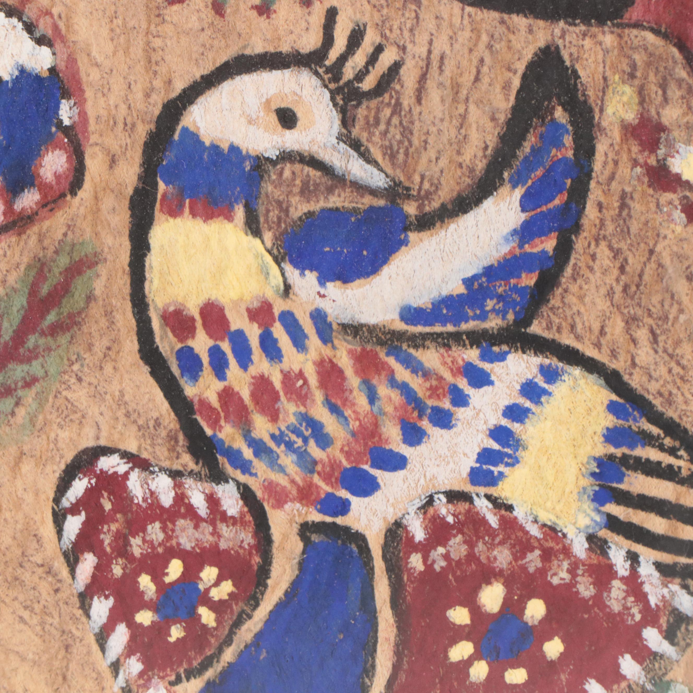 Folk Art Acrylic Painting of Birds