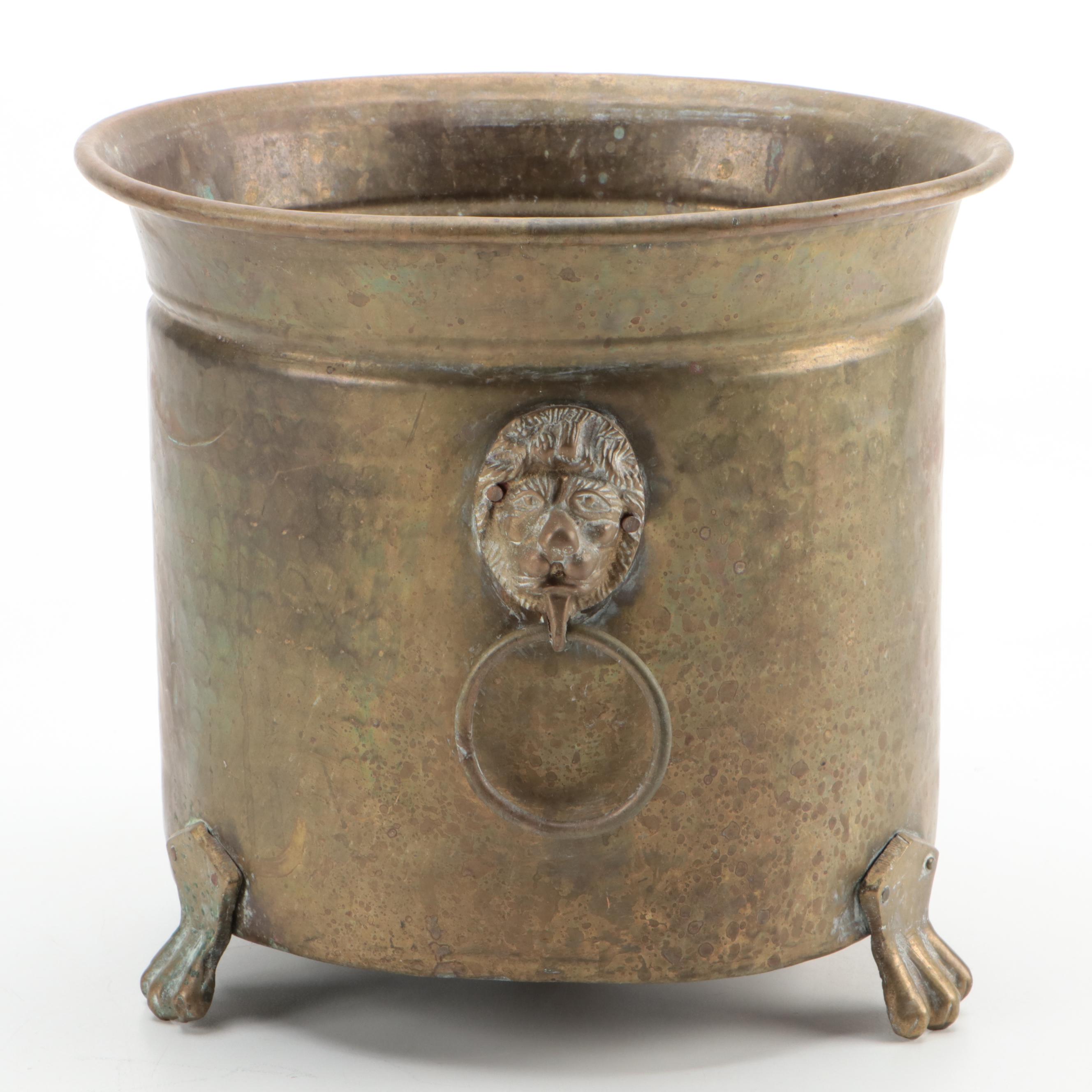 Turned Brass Candlesticks with Figurines and Lion's Head Hearth Bucket