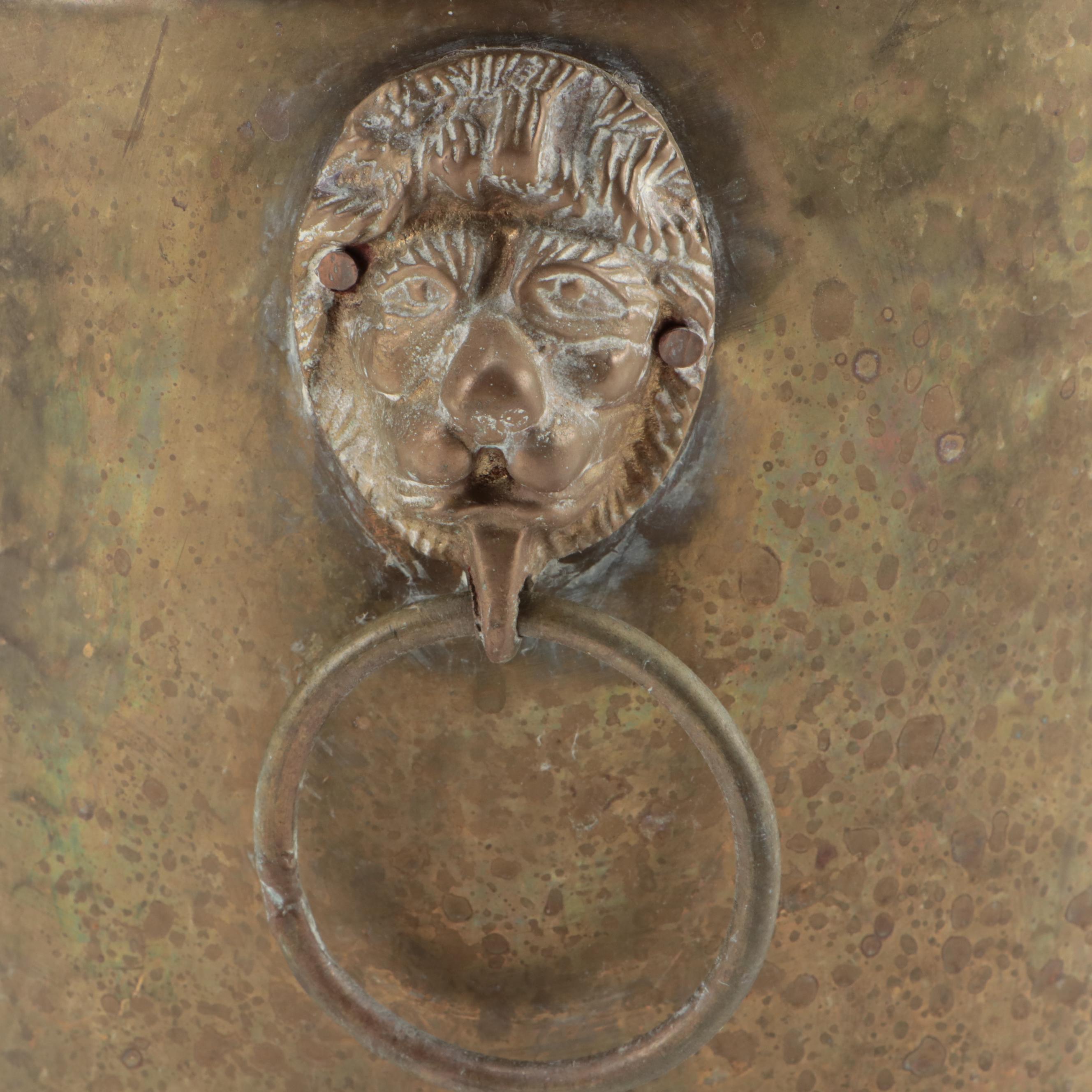 Turned Brass Candlesticks with Figurines and Lion's Head Hearth Bucket