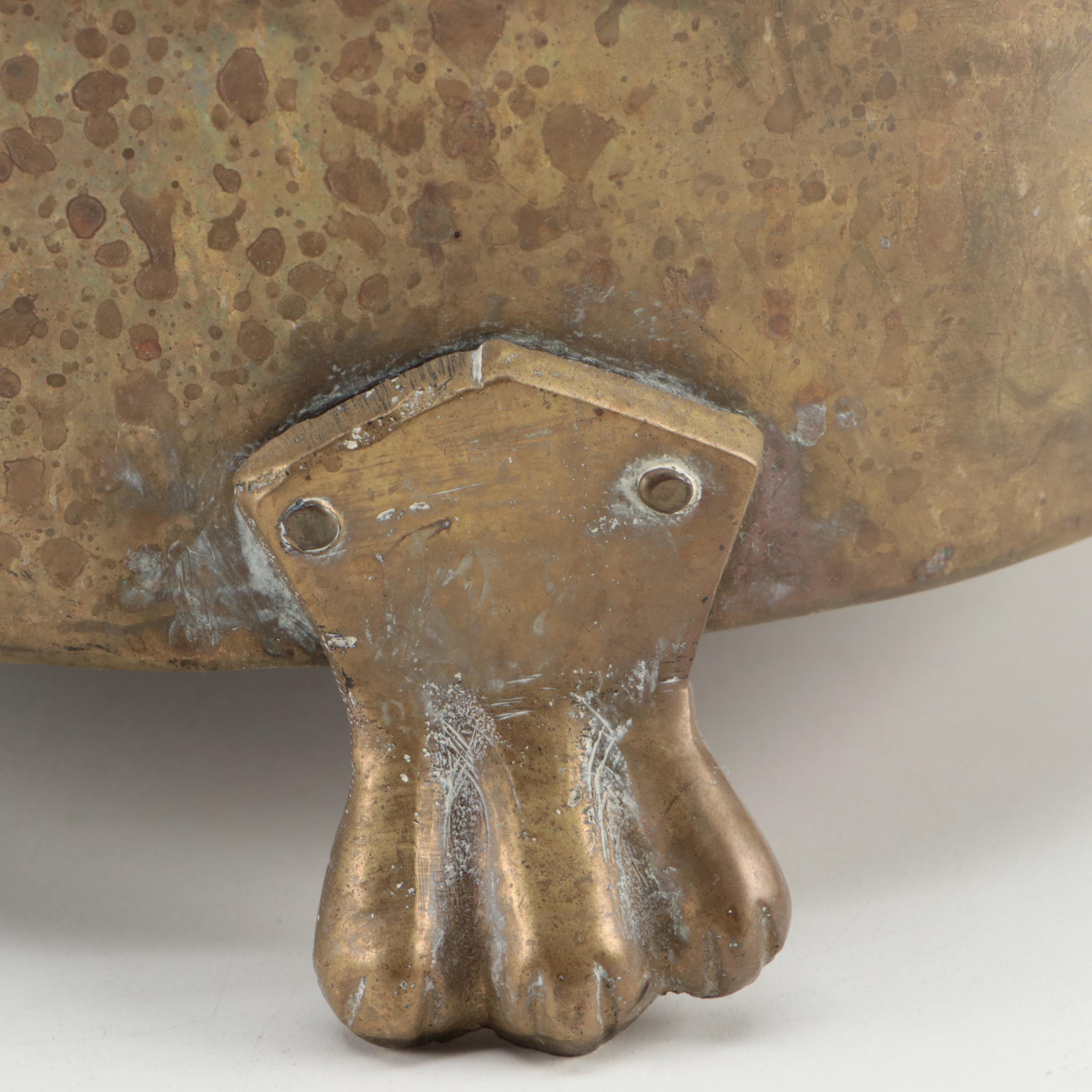 Turned Brass Candlesticks with Figurines and Lion's Head Hearth Bucket