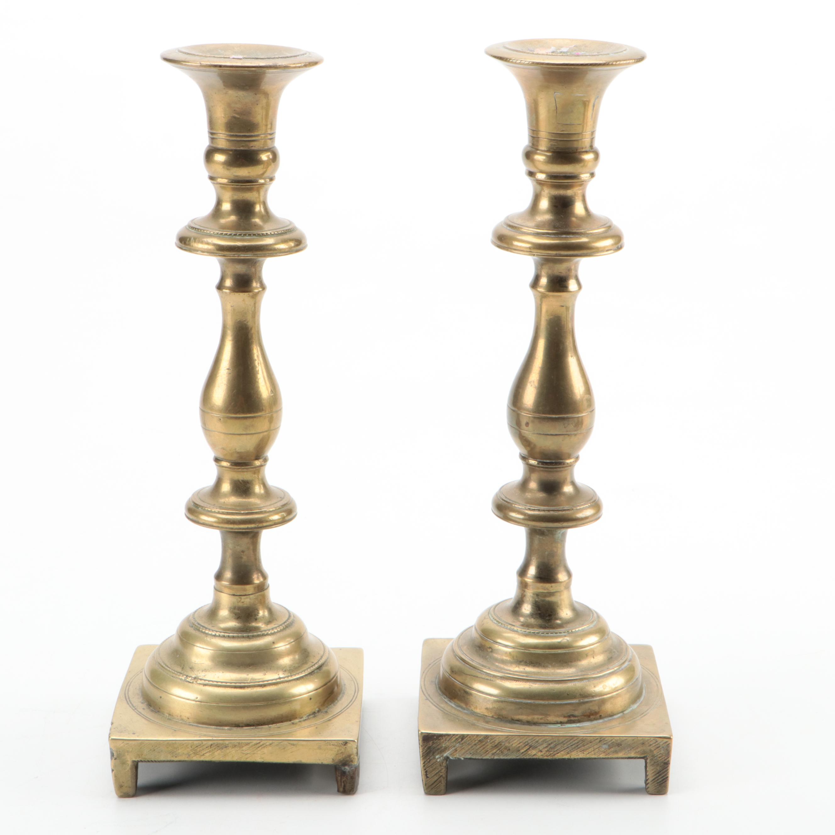 Turned Brass Candlesticks with Figurines and Lion's Head Hearth Bucket
