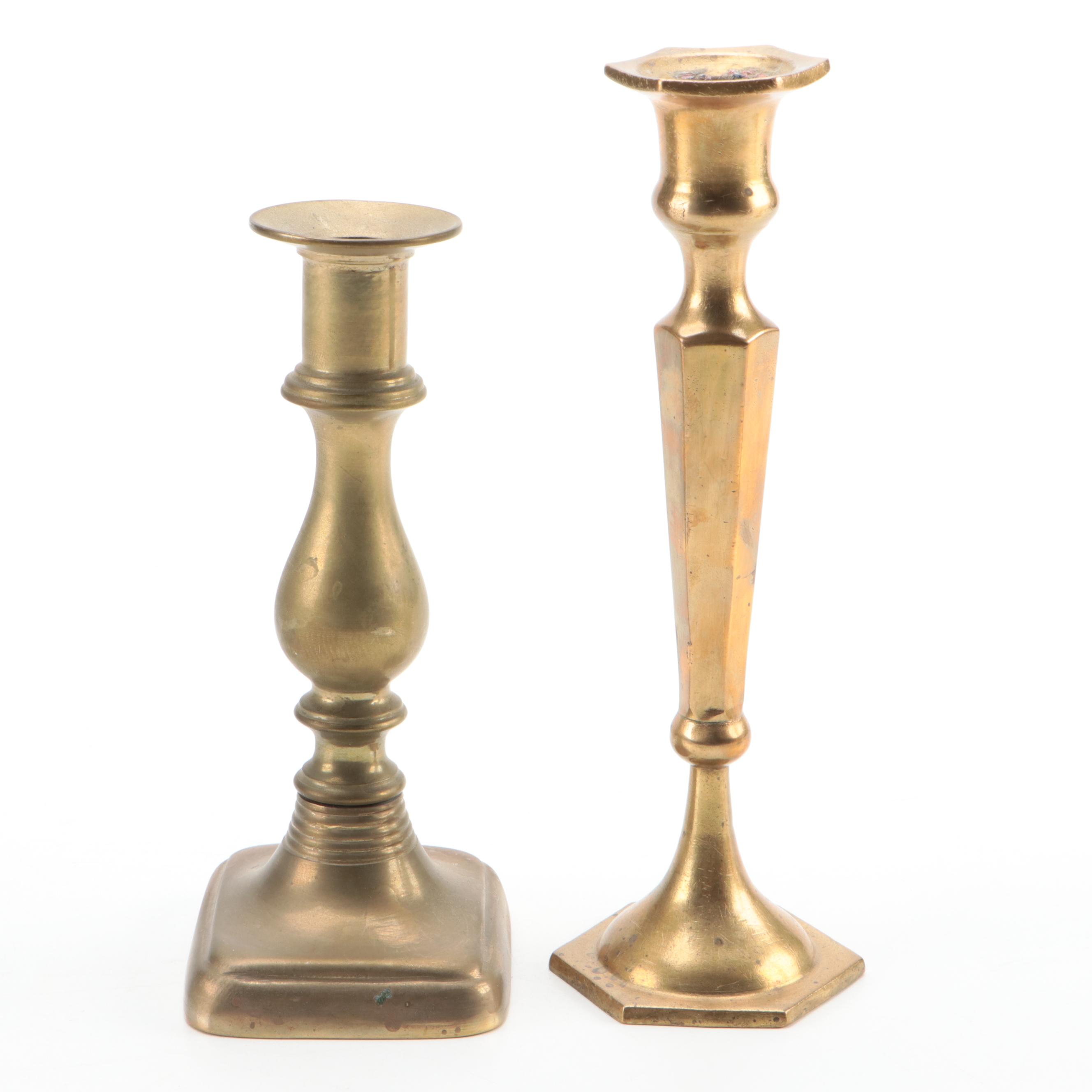 Turned Brass Candlesticks with Figurines and Lion's Head Hearth Bucket