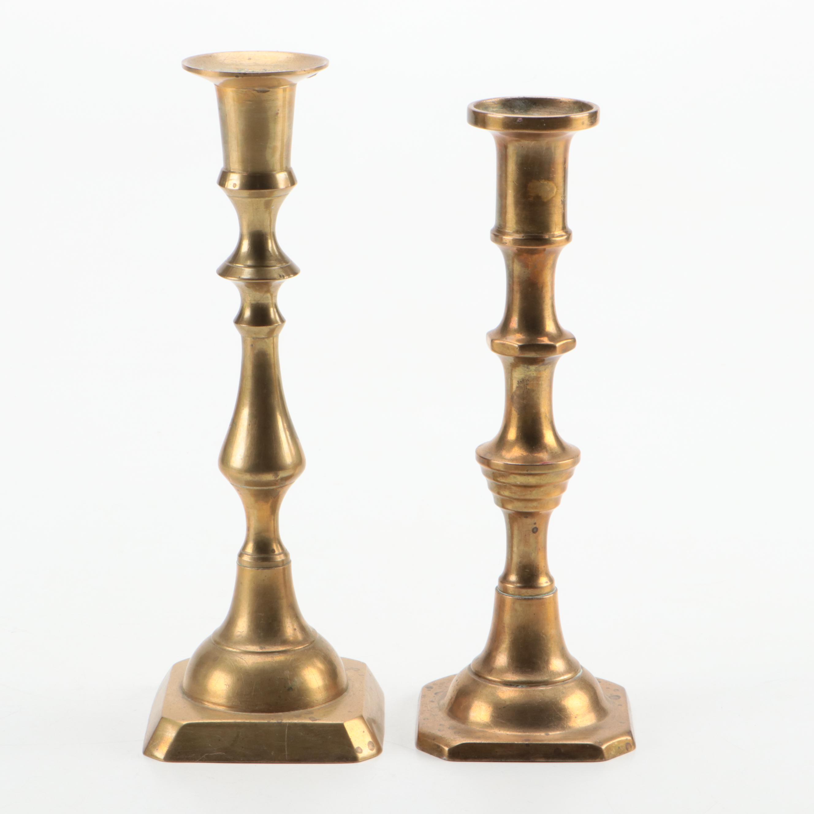Turned Brass Candlesticks with Figurines and Lion's Head Hearth Bucket