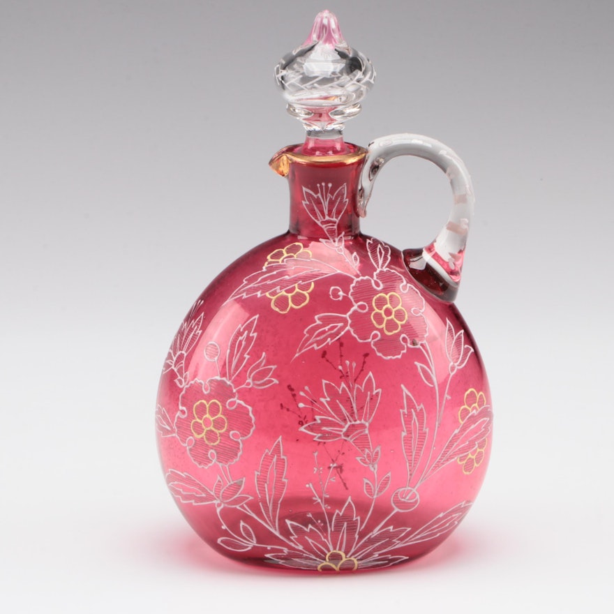 Handmade Enameled Cranberry Glass Decanter, 20th Century