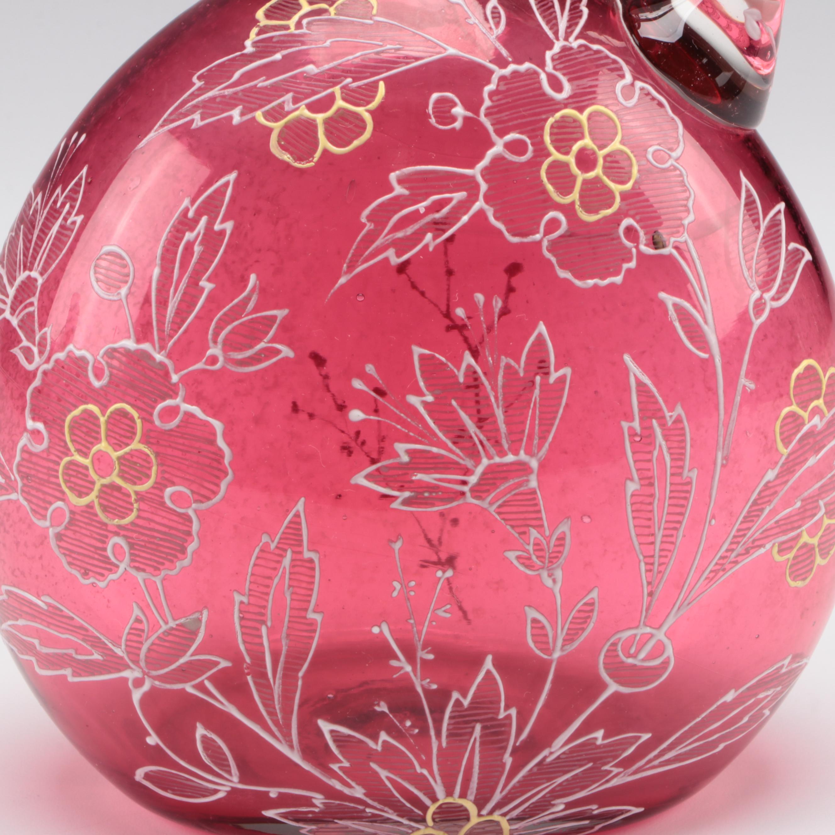 Handmade Enameled Cranberry Glass Decanter, 20th Century