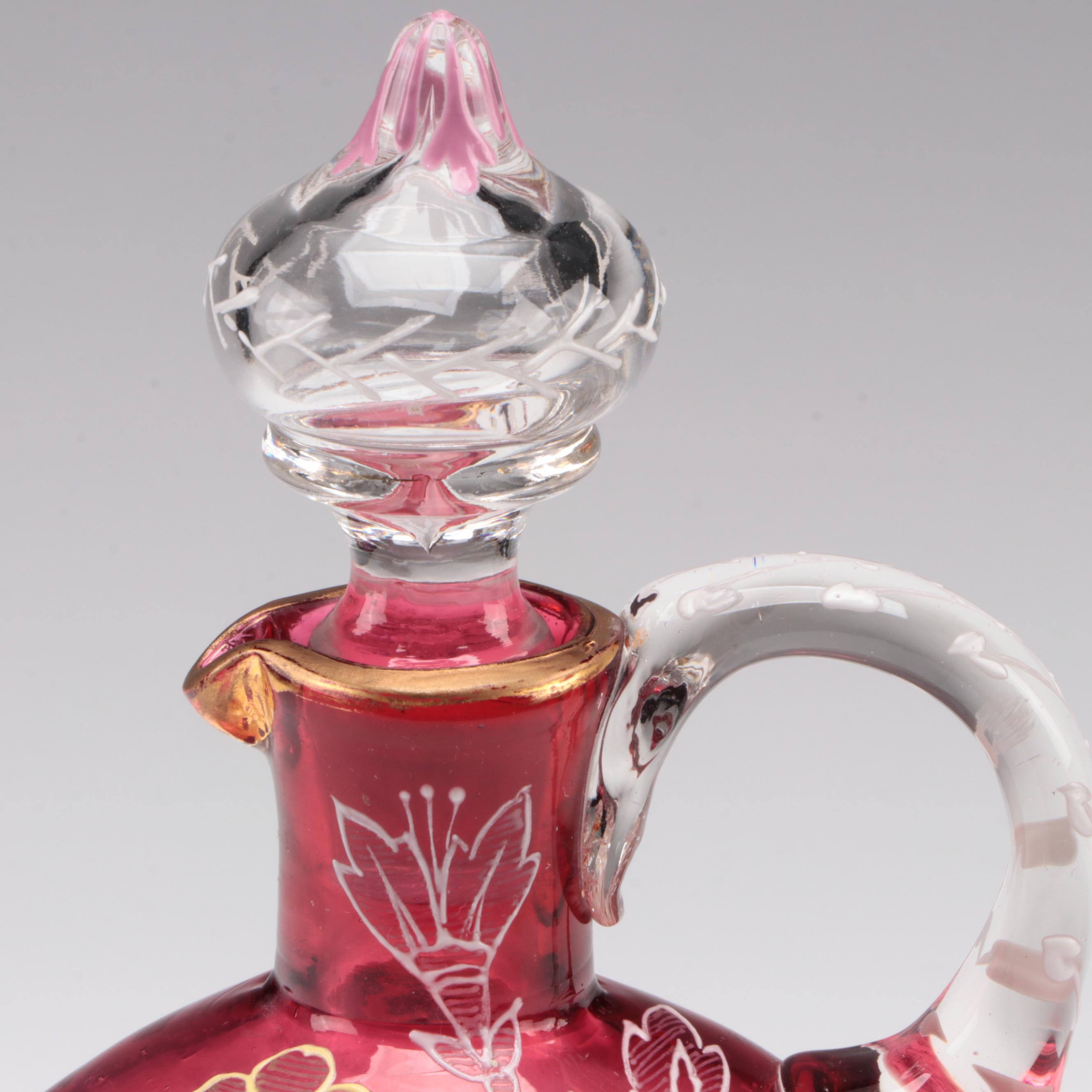 Handmade Enameled Cranberry Glass Decanter, 20th Century