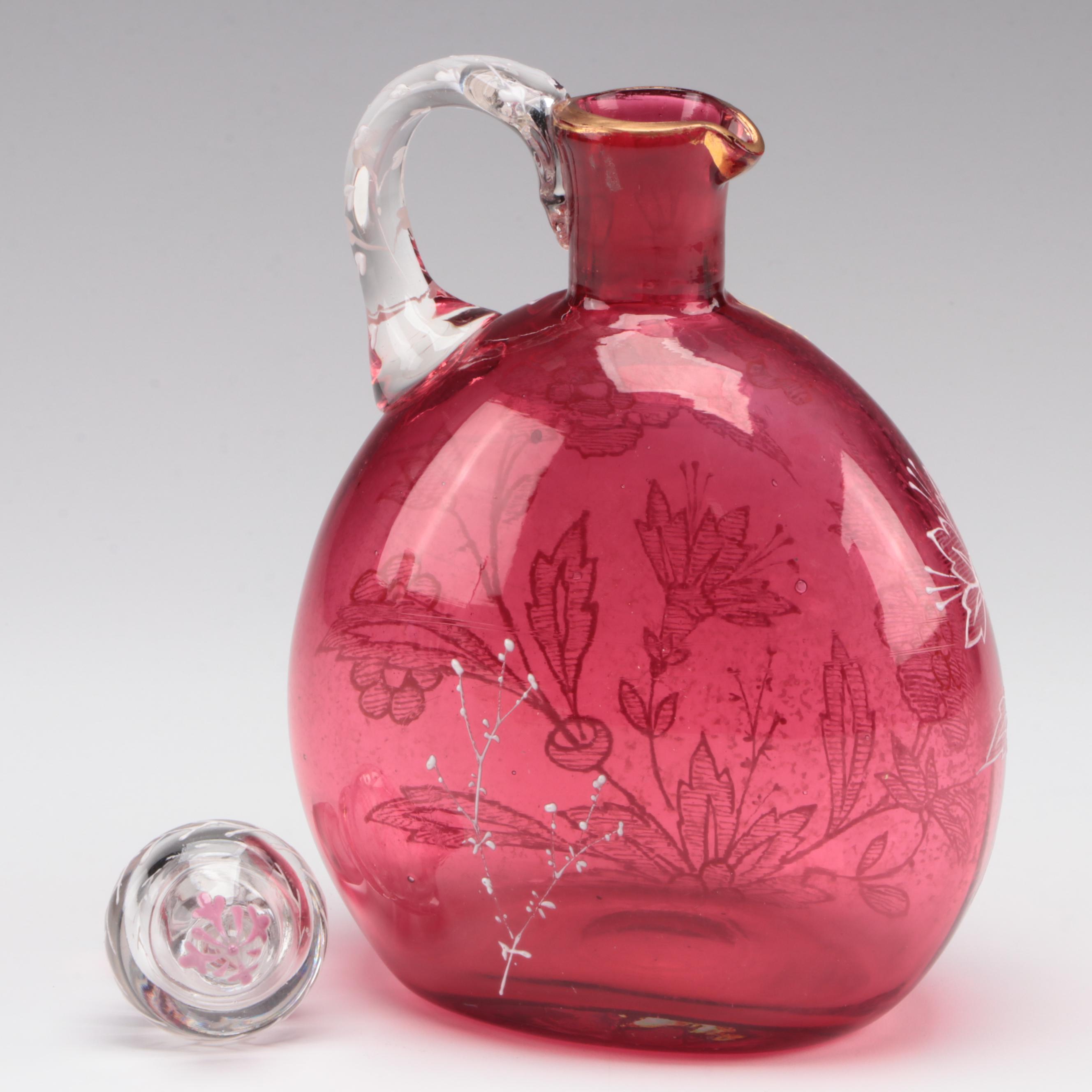 Handmade Enameled Cranberry Glass Decanter, 20th Century