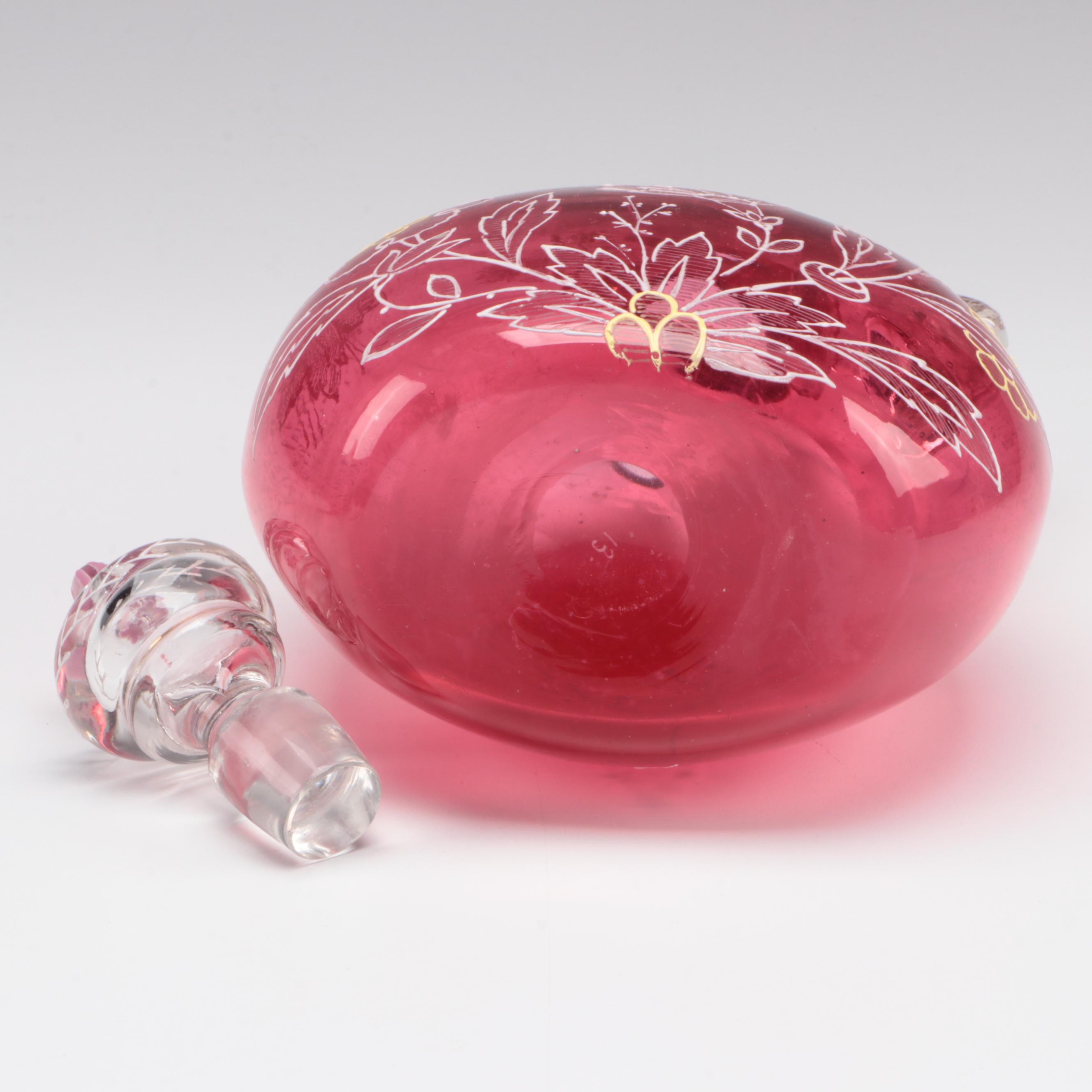 Handmade Enameled Cranberry Glass Decanter, 20th Century