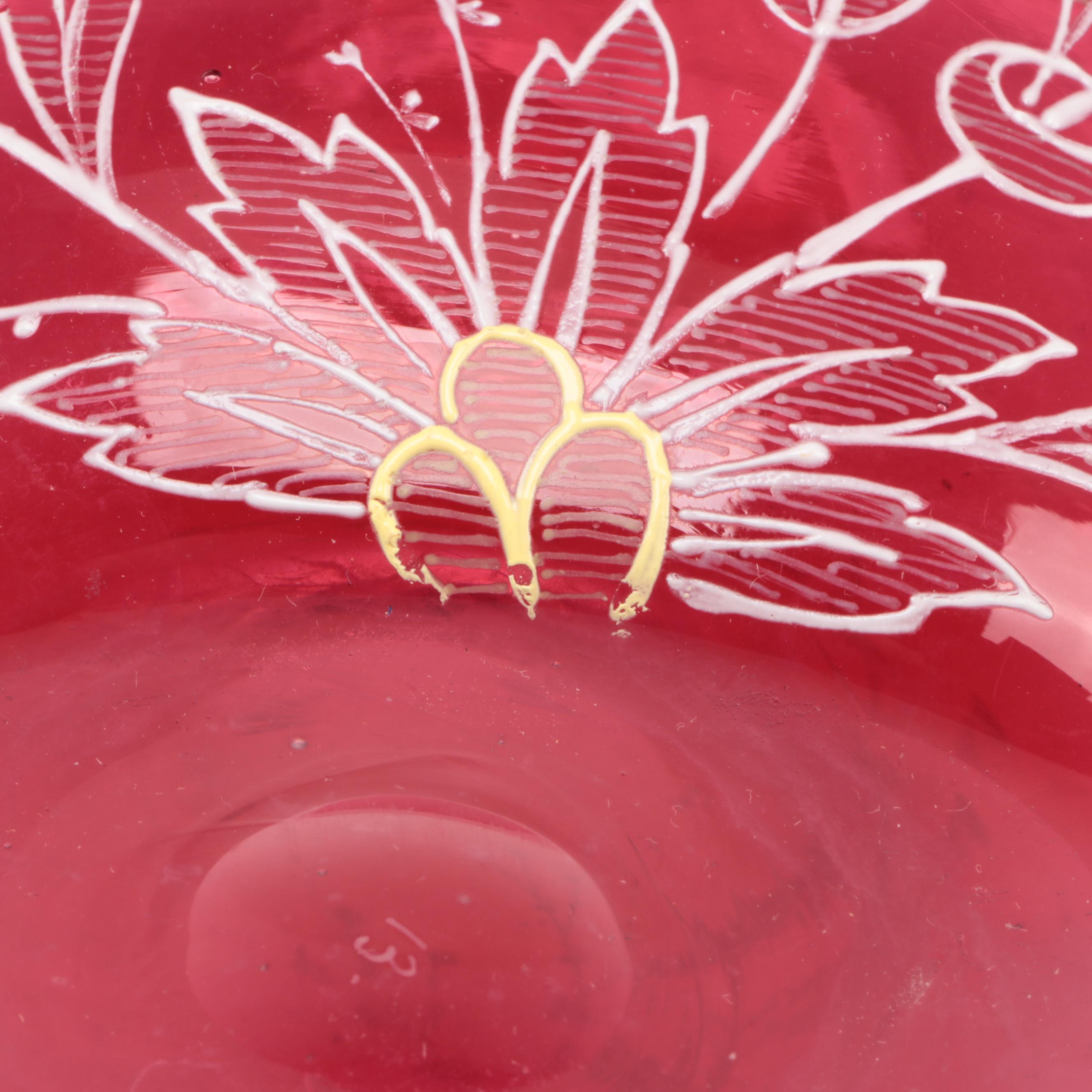 Handmade Enameled Cranberry Glass Decanter, 20th Century