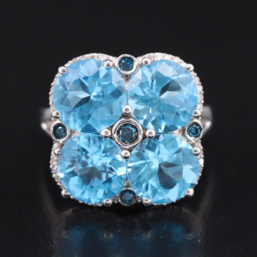 Sterling Swiss Blue Topaz and Diamond Quatrefoil Ring