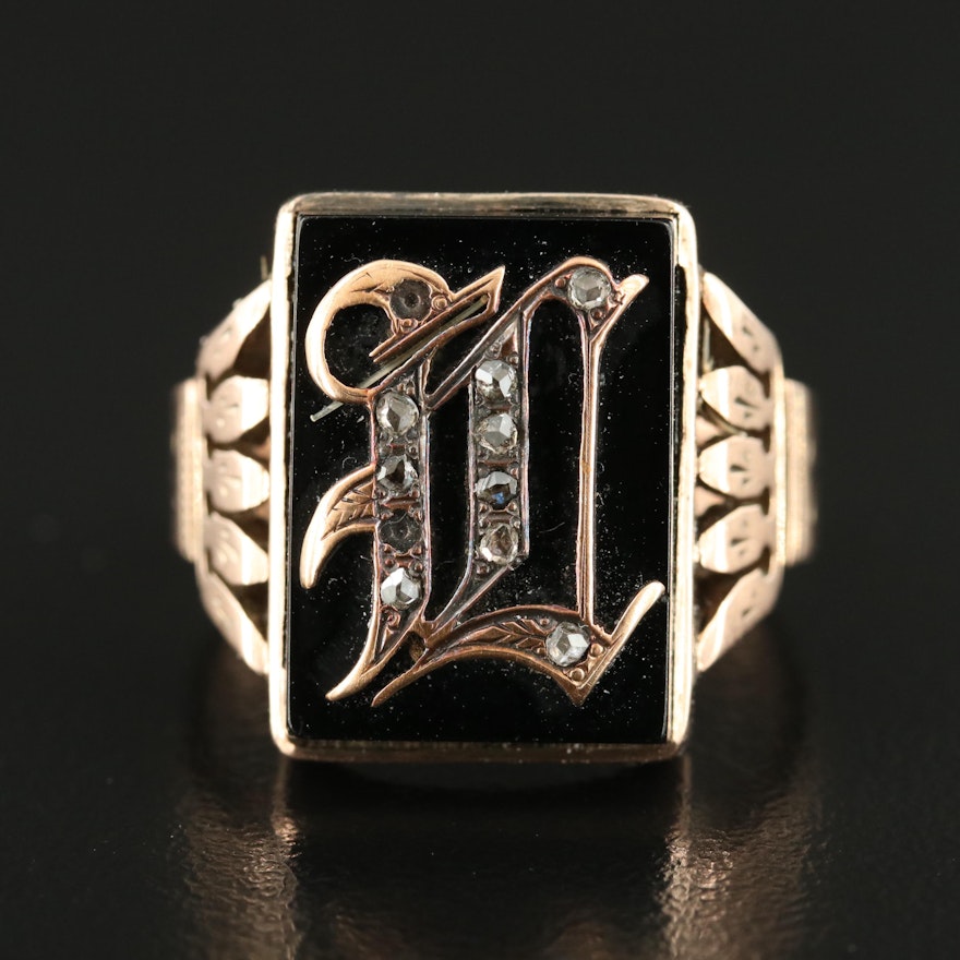 Victorian 10K and 14K Rose Gold Diamond and Black Onyx "L" Initial Signet Ring