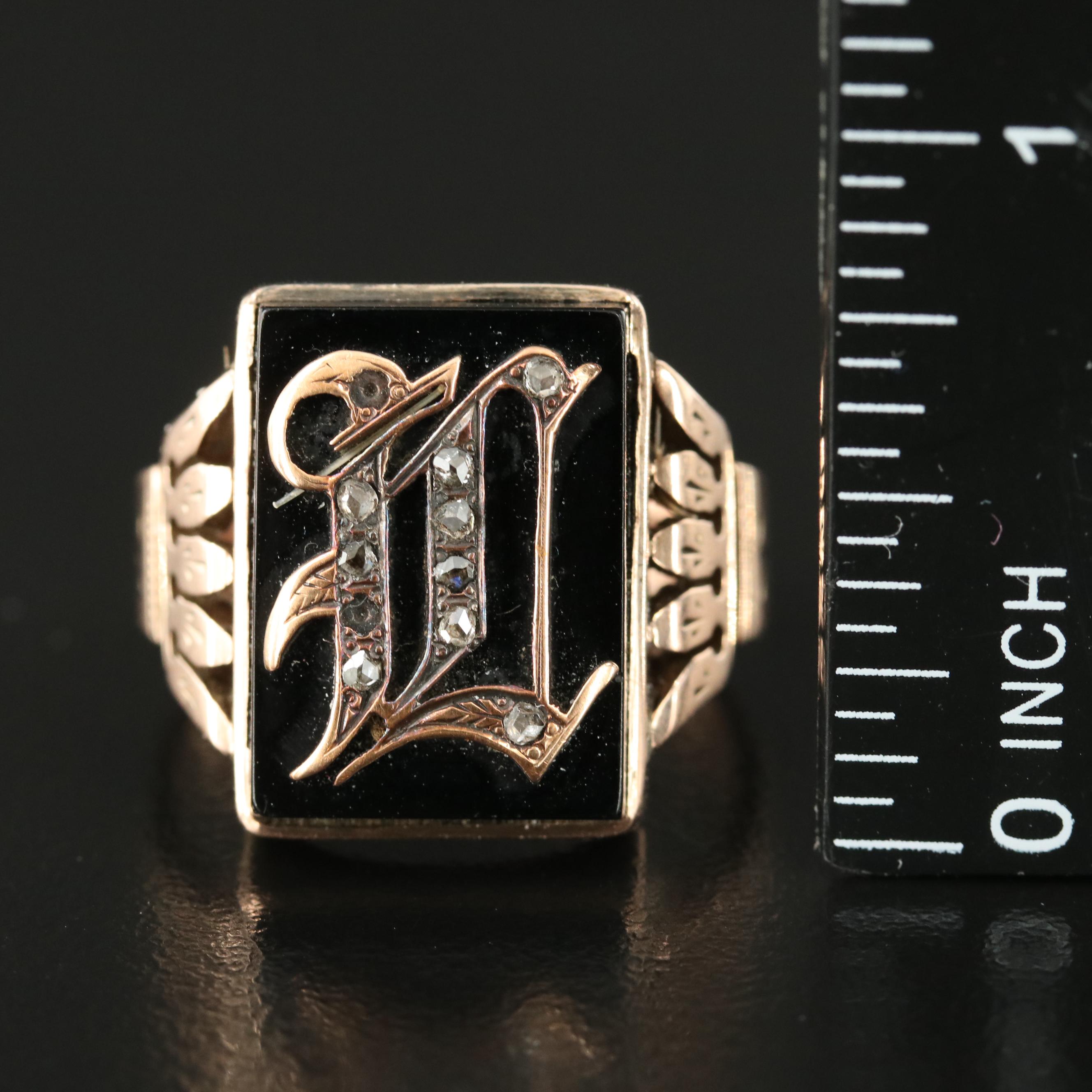 Victorian 10K and 14K Rose Gold Diamond and Black Onyx "L" Initial Signet Ring