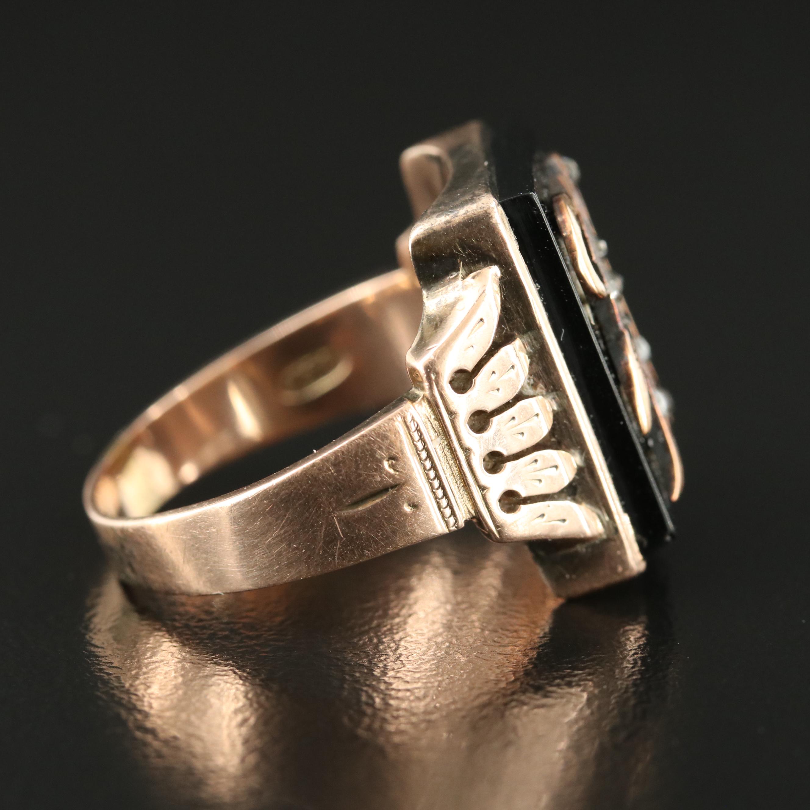 Victorian 10K and 14K Rose Gold Diamond and Black Onyx "L" Initial Signet Ring