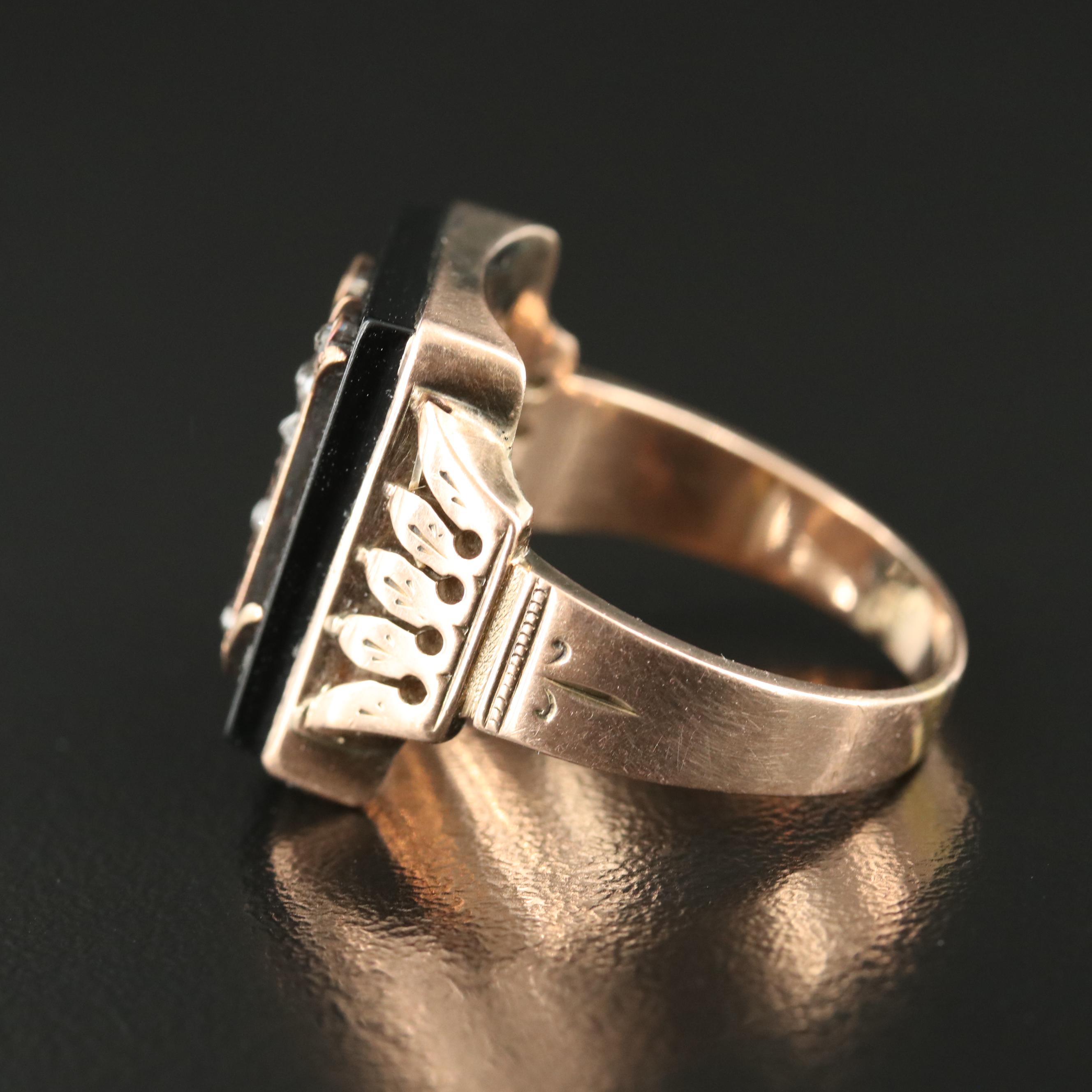 Victorian 10K and 14K Rose Gold Diamond and Black Onyx "L" Initial Signet Ring