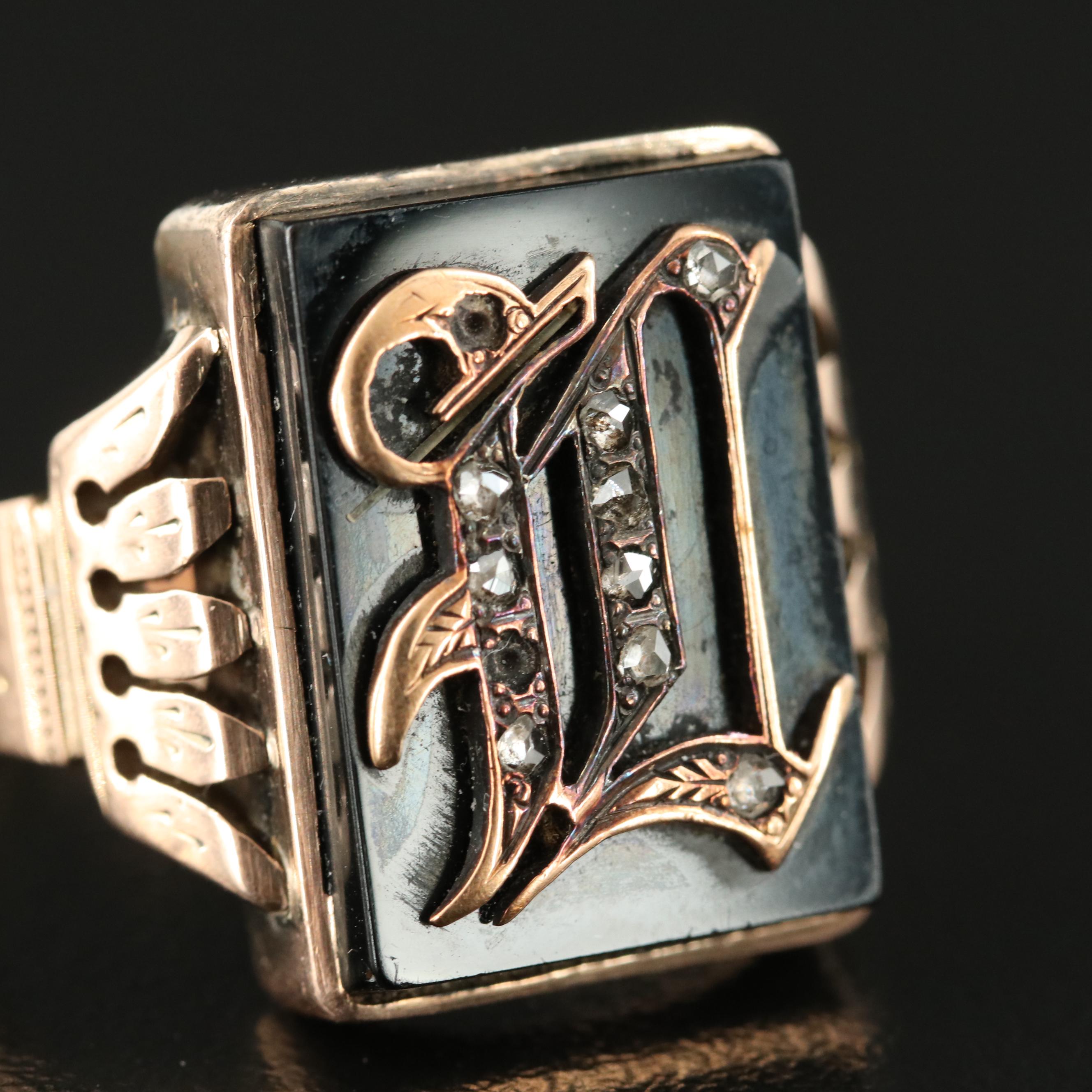 Victorian 10K and 14K Rose Gold Diamond and Black Onyx "L" Initial Signet Ring