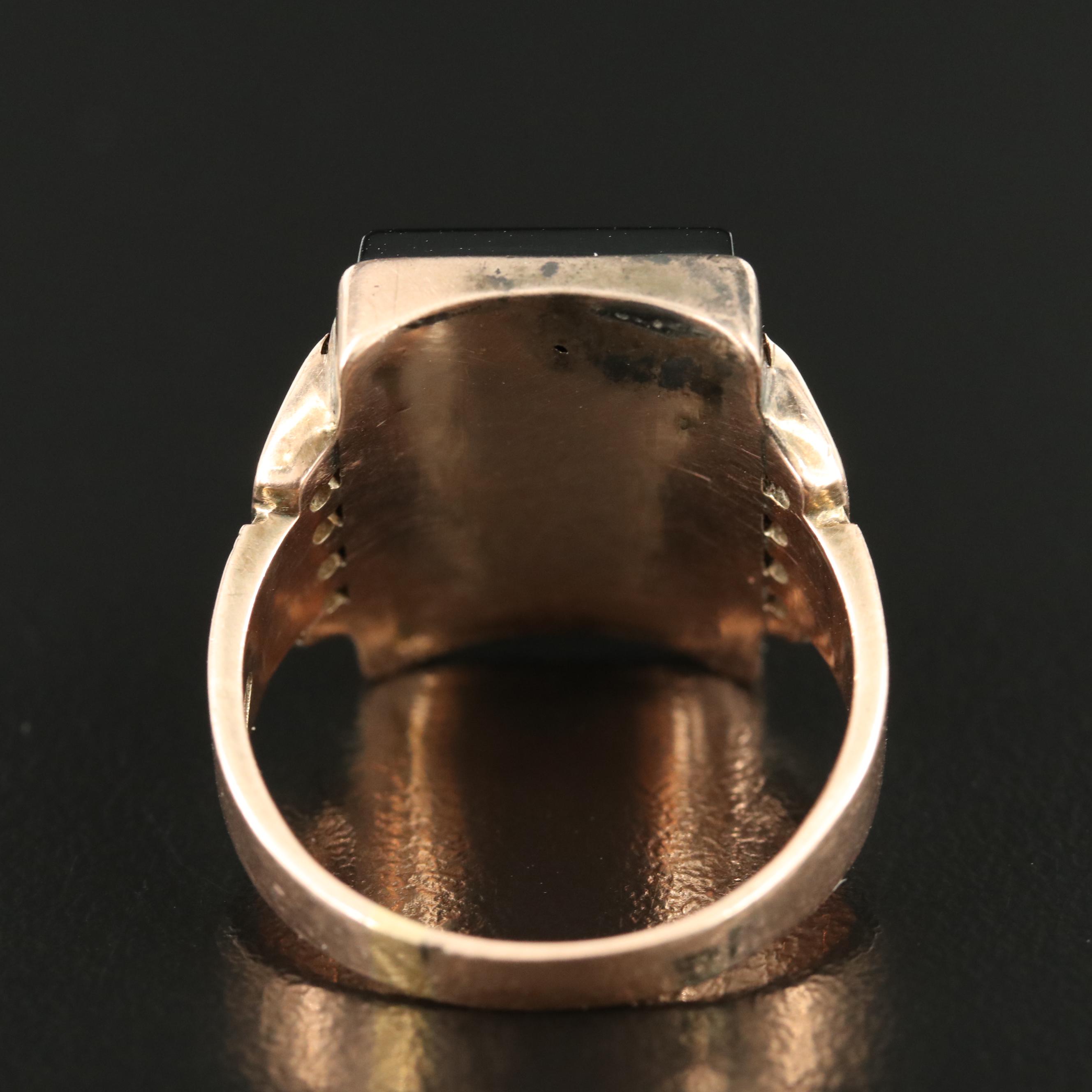 Victorian 10K and 14K Rose Gold Diamond and Black Onyx "L" Initial Signet Ring