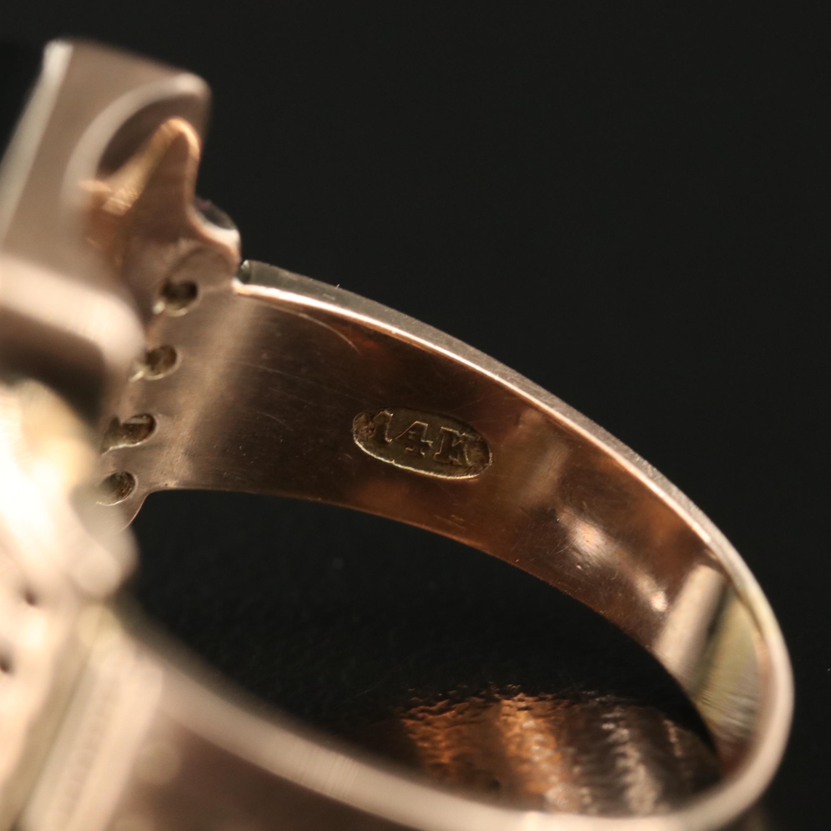 Victorian 10K and 14K Rose Gold Diamond and Black Onyx "L" Initial Signet Ring