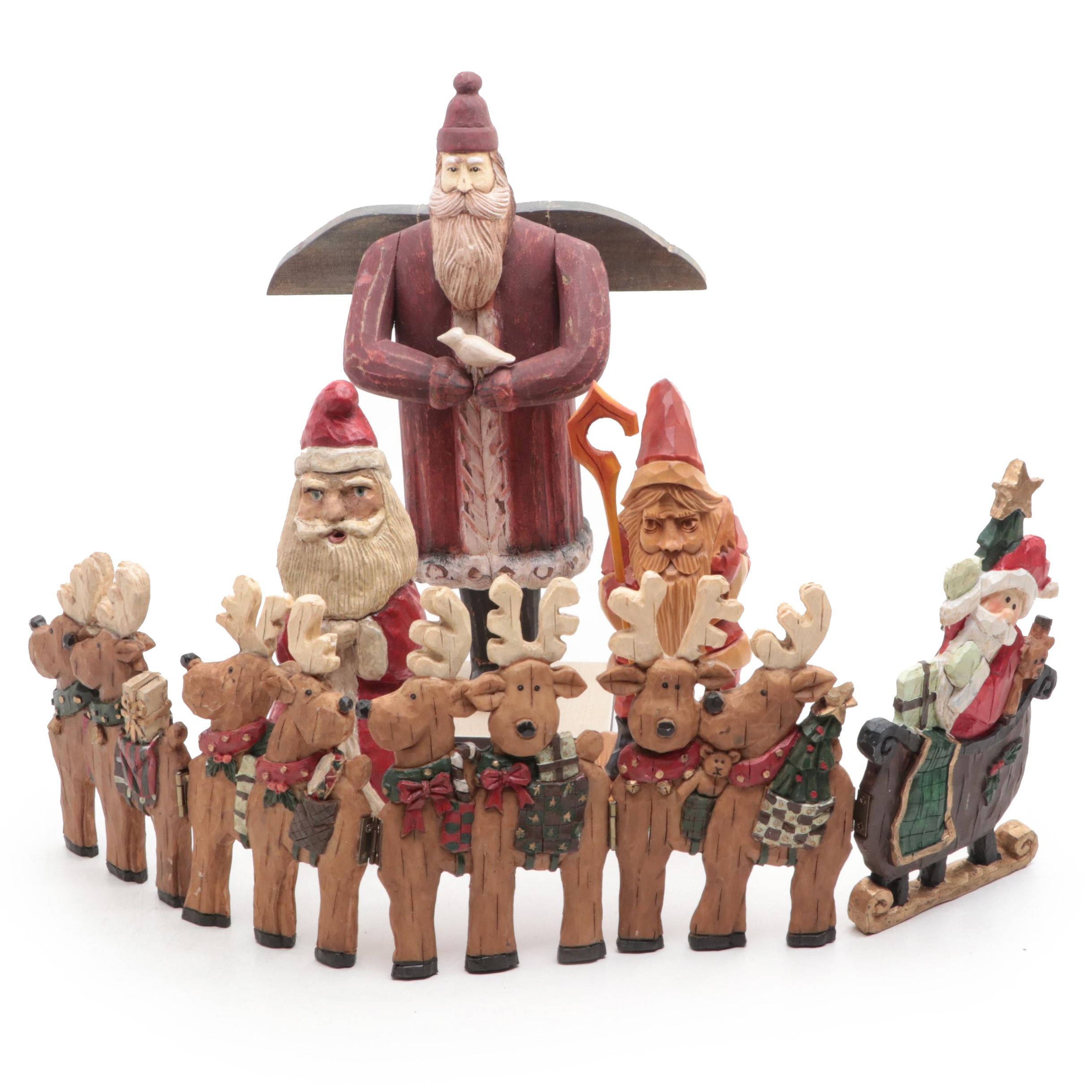 Resin and Wood Folk Art Santas and Sleigh with Reindeer