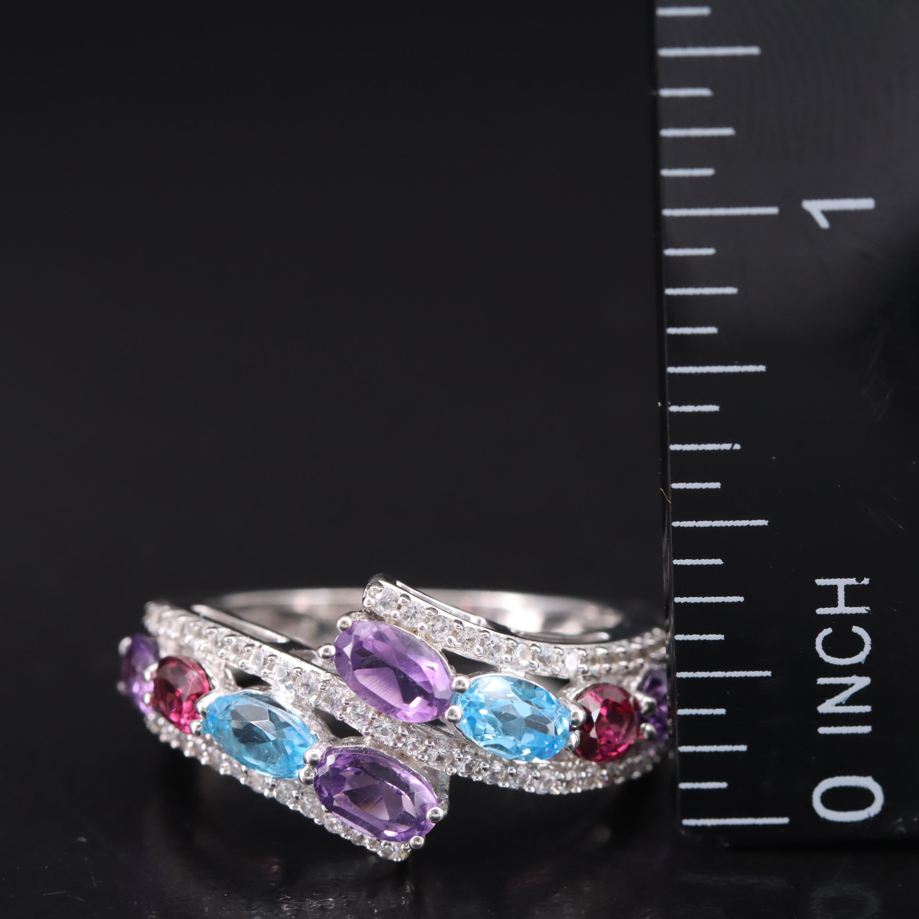 Sterling Amethyst, White Sapphire and Gemstone Bypass Ring