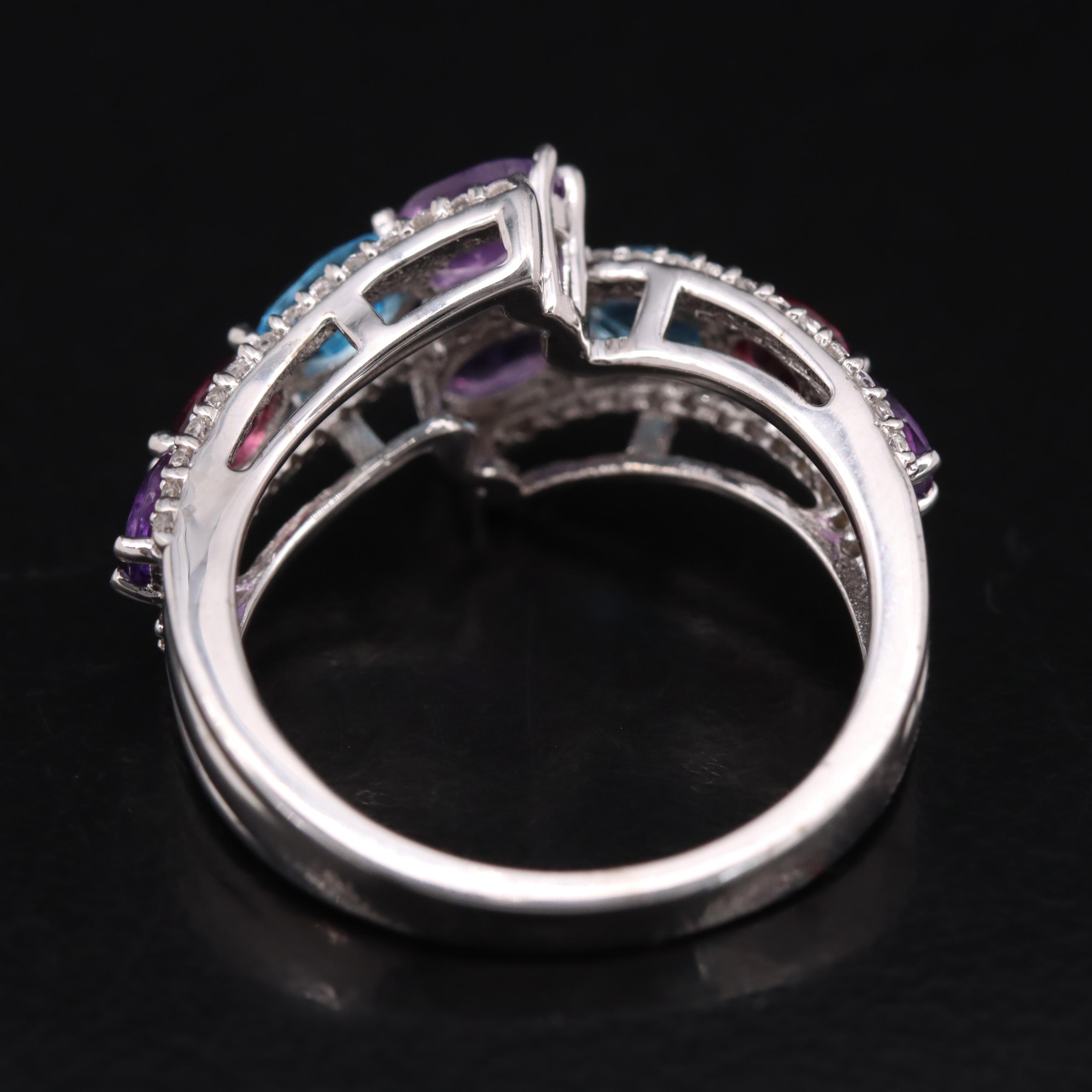 Sterling Amethyst, White Sapphire and Gemstone Bypass Ring