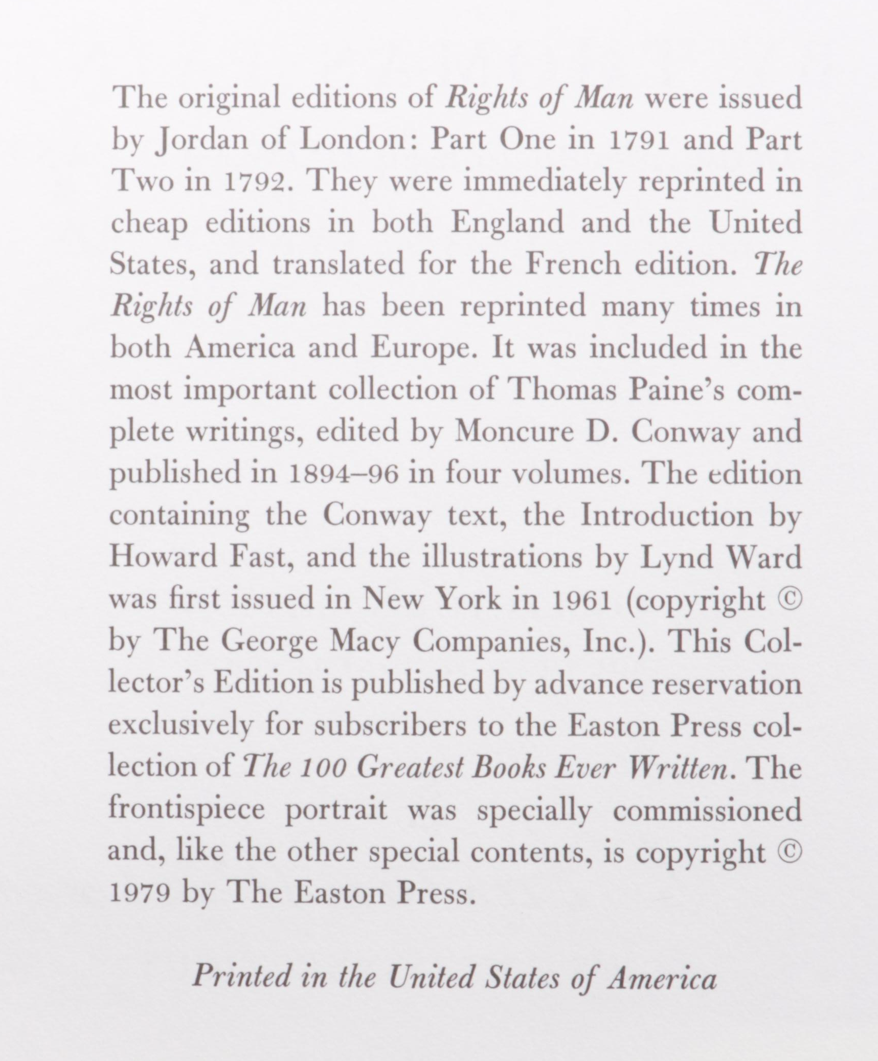Easton Press Lynd Ward Illustrated "Rights of Man" by Thomas Paine