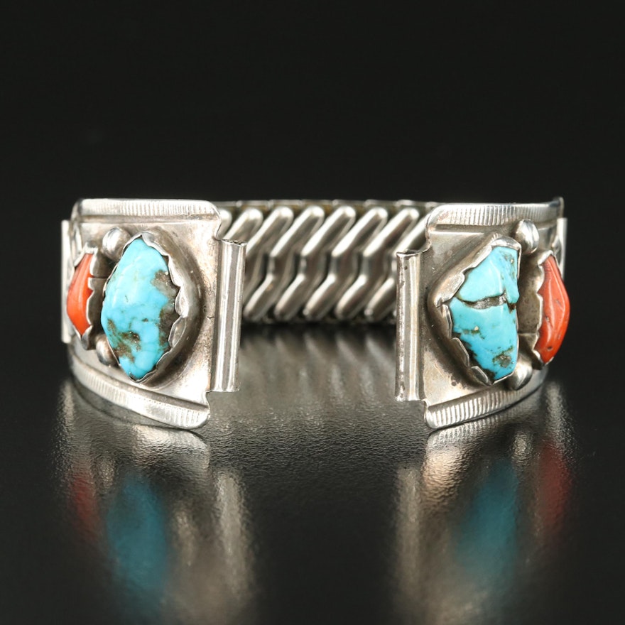 Southwestern Turquoise and Coral Watch Bracelet Including Sterling