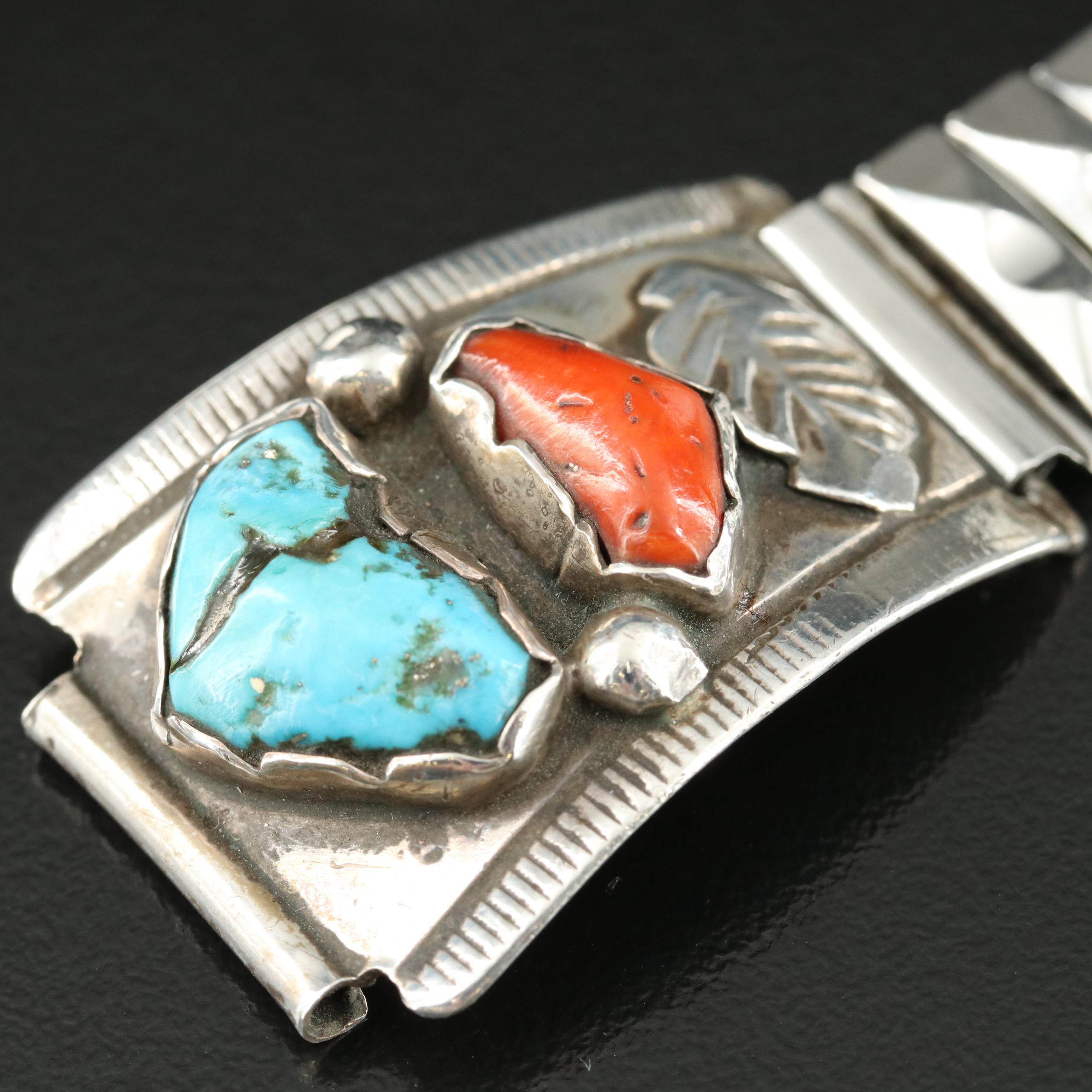 Southwestern Turquoise and Coral Watch Bracelet Including Sterling