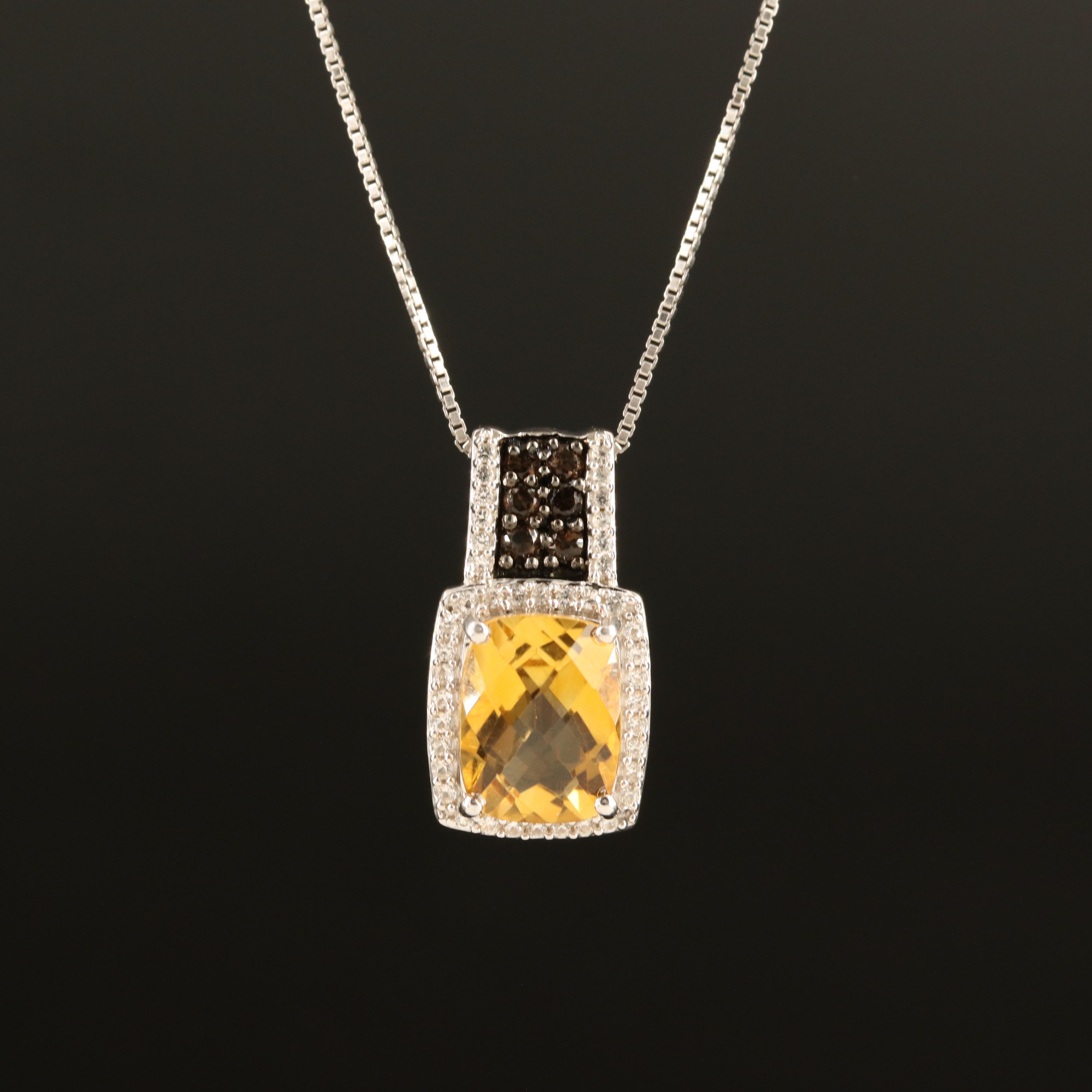 Sterling Citrine, Smoky Quartz and White Sapphire Pendant Necklace