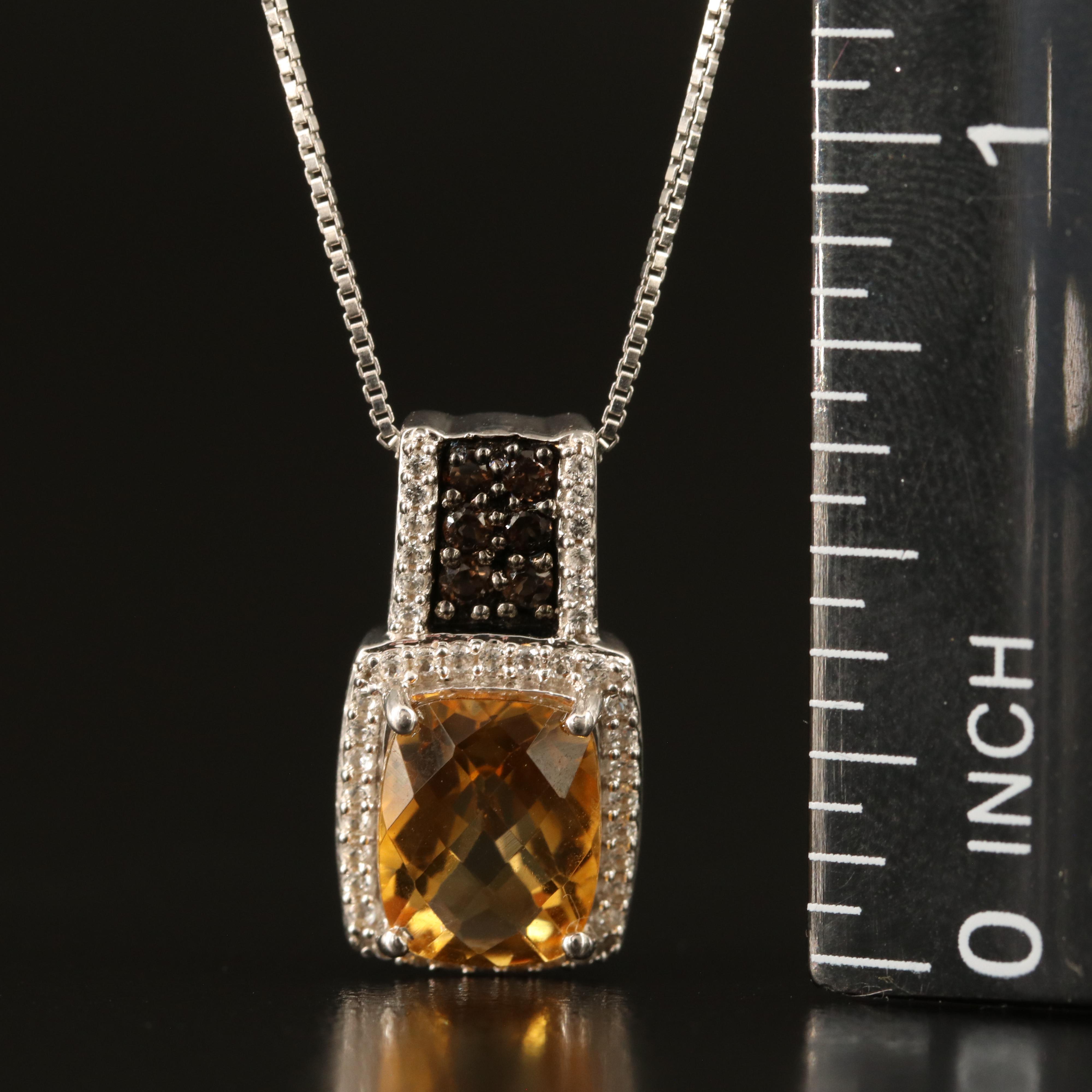Sterling Citrine, Smoky Quartz and White Sapphire Pendant Necklace