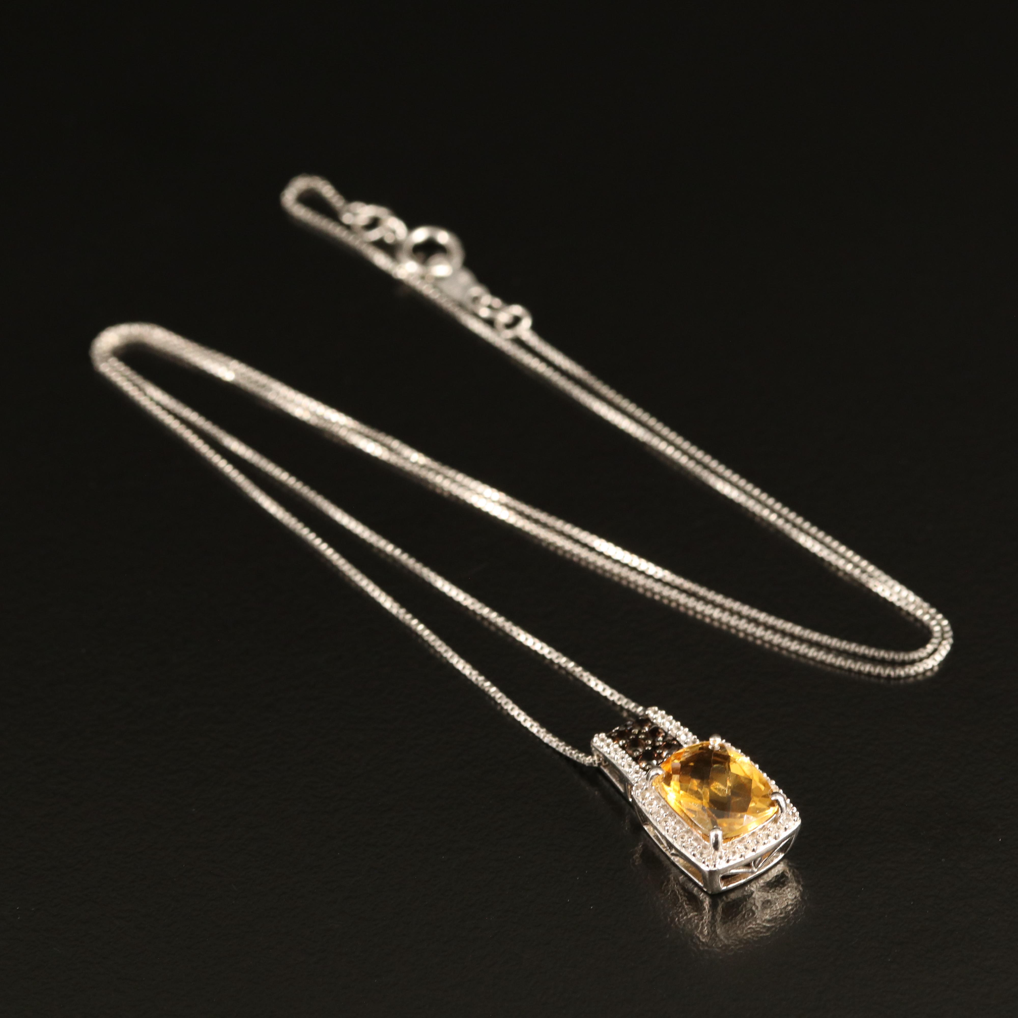 Sterling Citrine, Smoky Quartz and White Sapphire Pendant Necklace