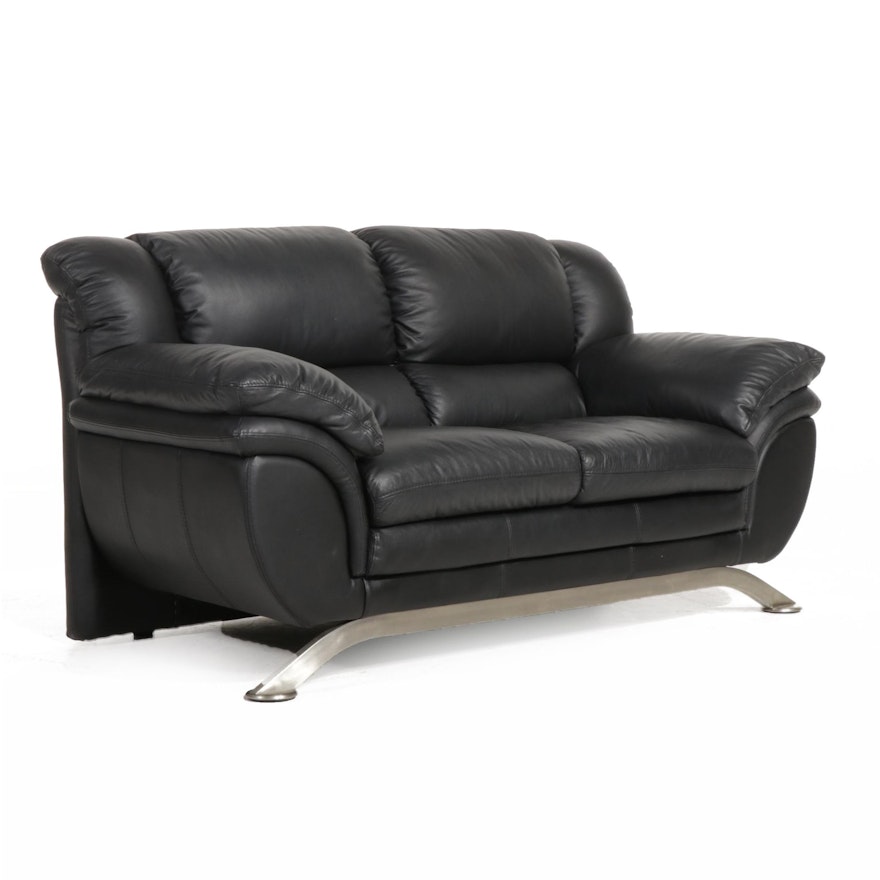 Fubao Modernist Style Black Faux Leather and Metal Loveseat