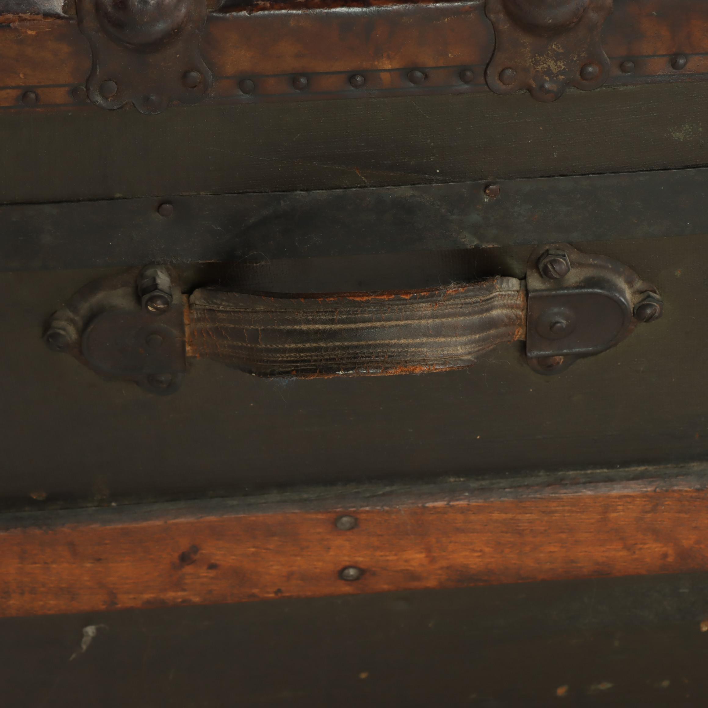 Late Victorian Metal-Mounted, Canvas-Lined, & Slatted Ash Flat Top Steamer Trunk