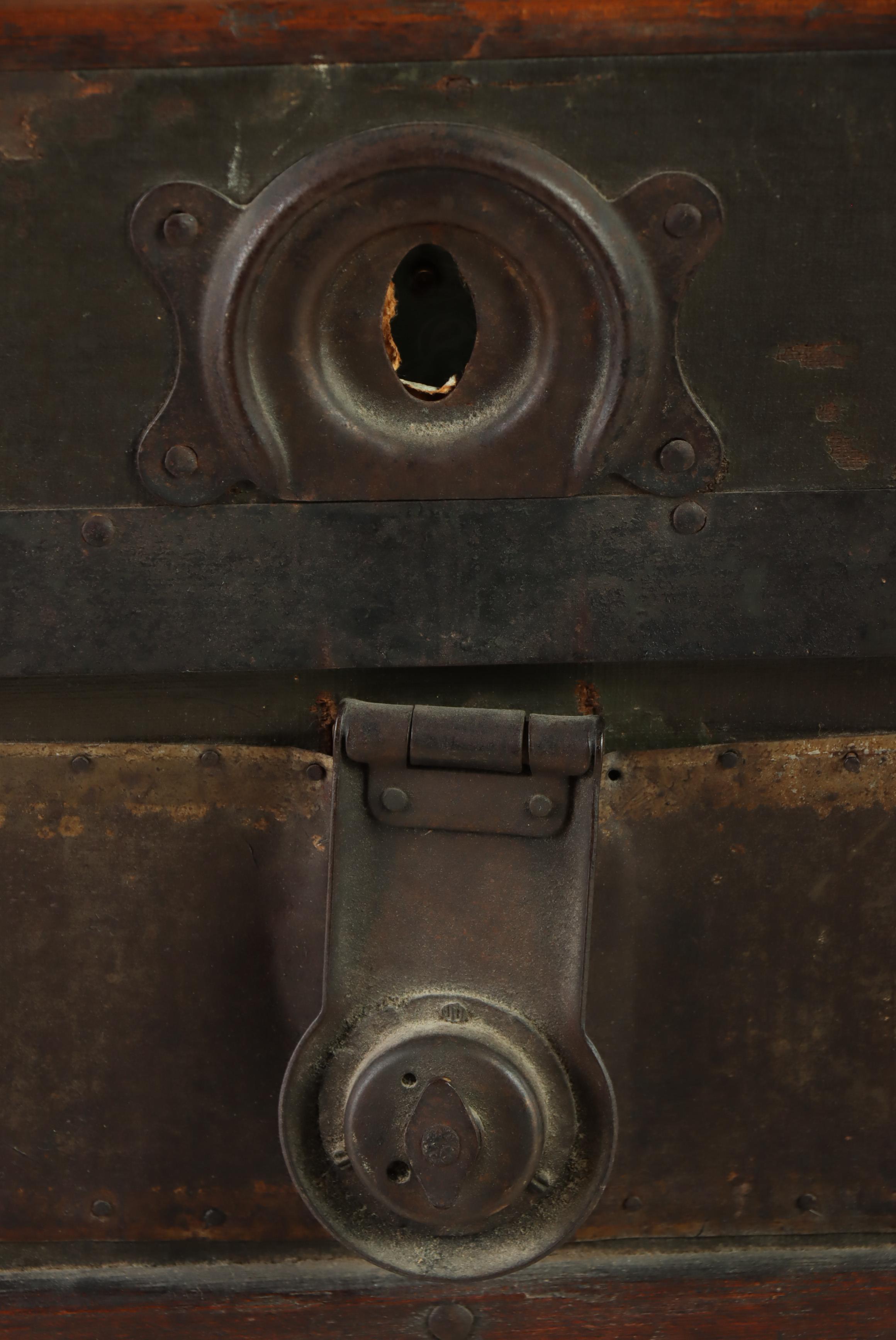 Late Victorian Metal-Mounted, Canvas-Lined, & Slatted Ash Flat Top Steamer Trunk