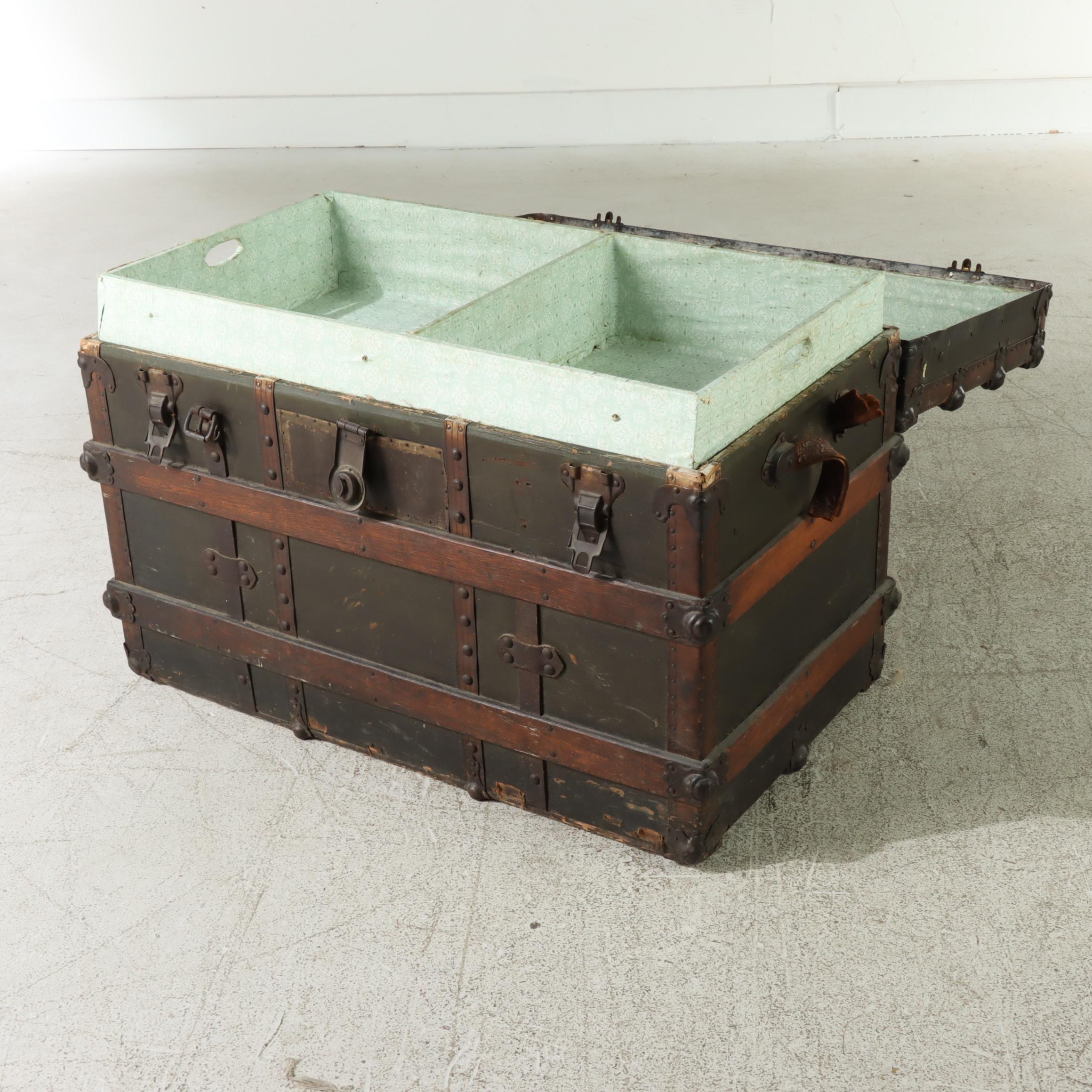 Late Victorian Metal-Mounted, Canvas-Lined, & Slatted Ash Flat Top Steamer Trunk