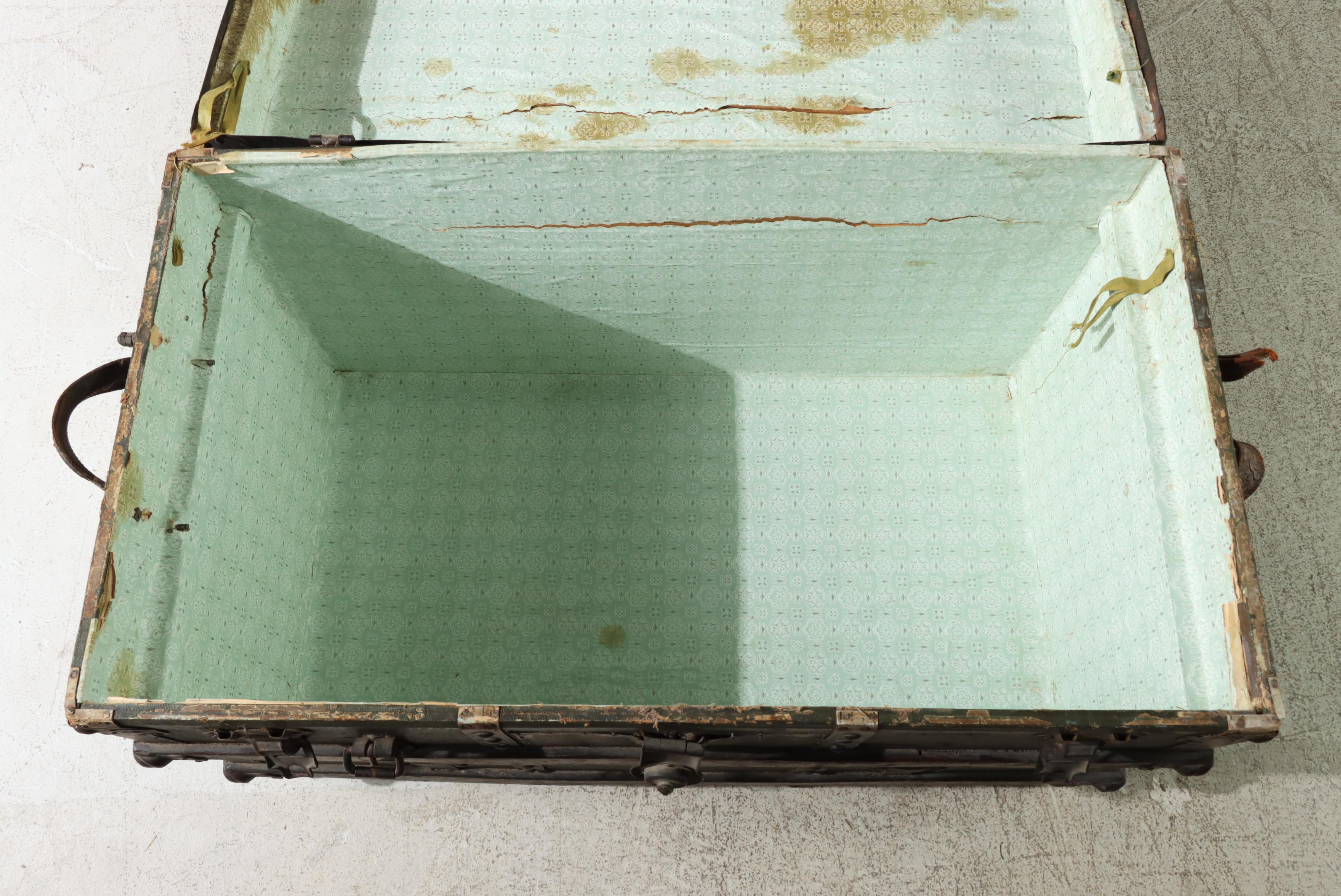 Late Victorian Metal-Mounted, Canvas-Lined, & Slatted Ash Flat Top Steamer Trunk