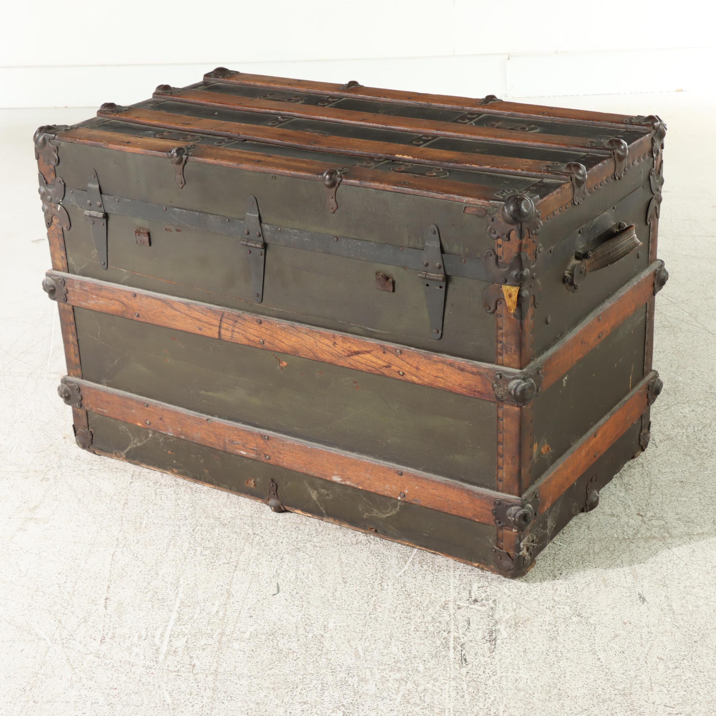 Late Victorian Metal-Mounted, Canvas-Lined, & Slatted Ash Flat Top Steamer Trunk