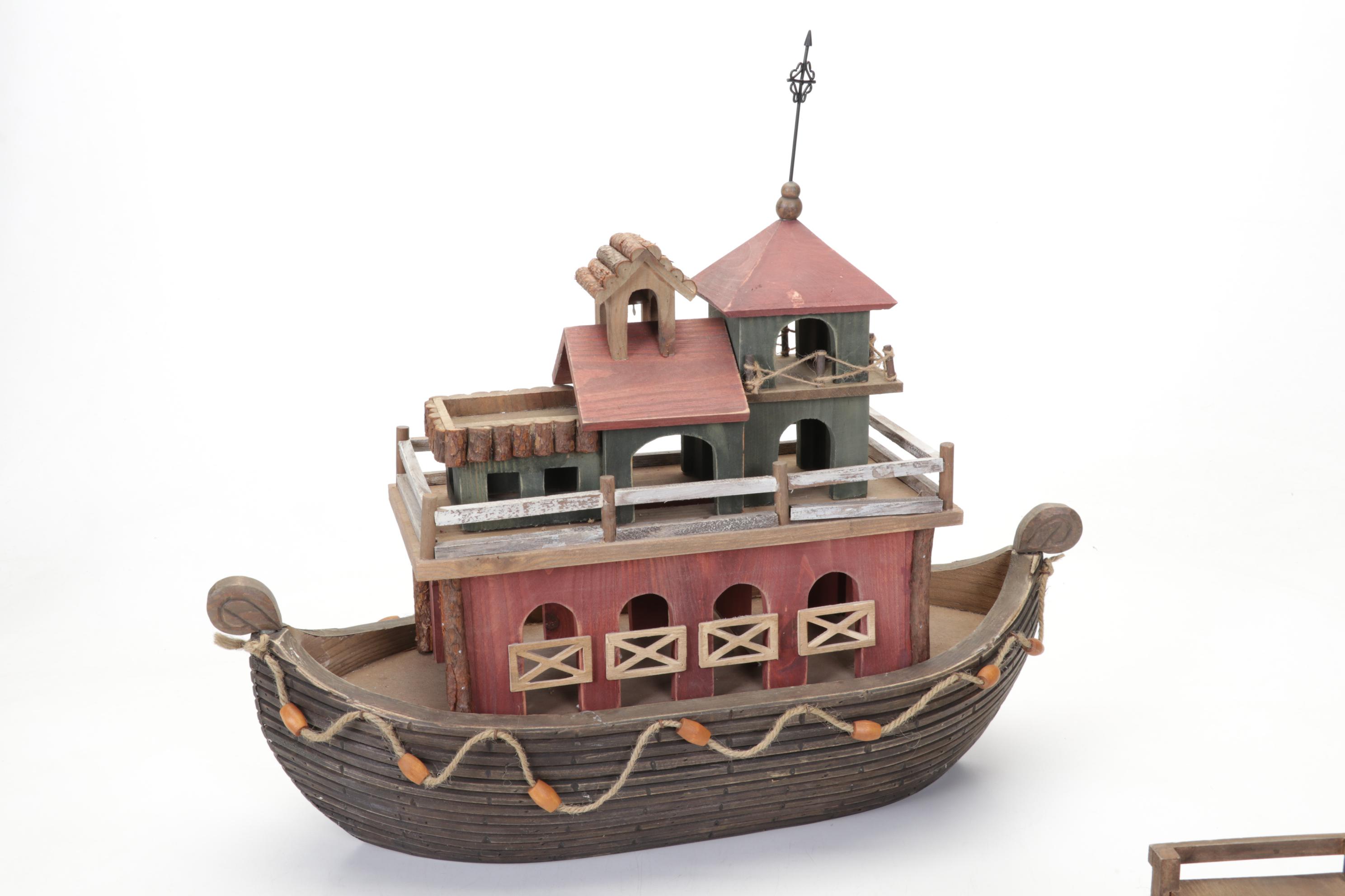 Wooden Noah's Ark with Resin Animals and Figurines