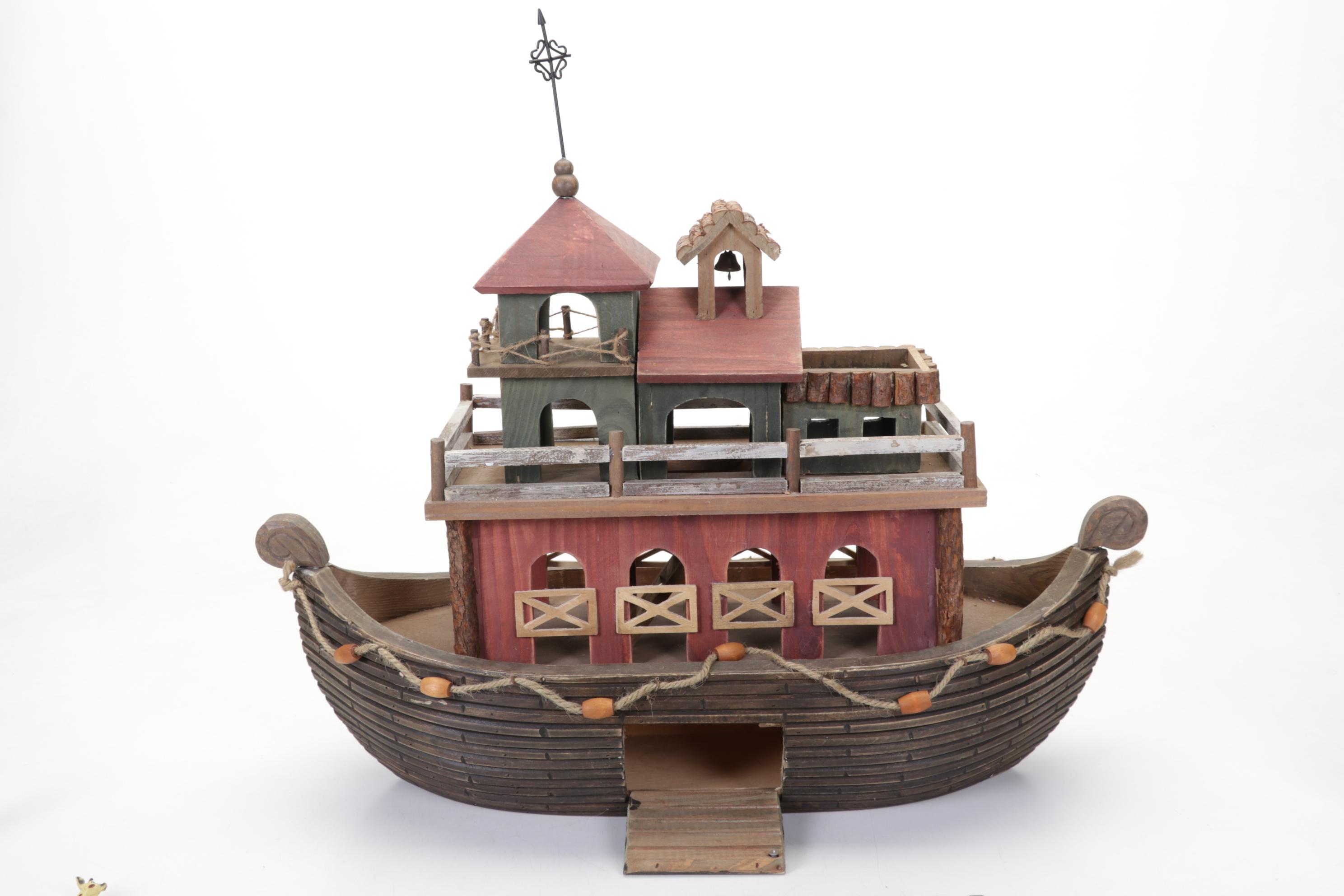 Wooden Noah's Ark with Resin Animals and Figurines