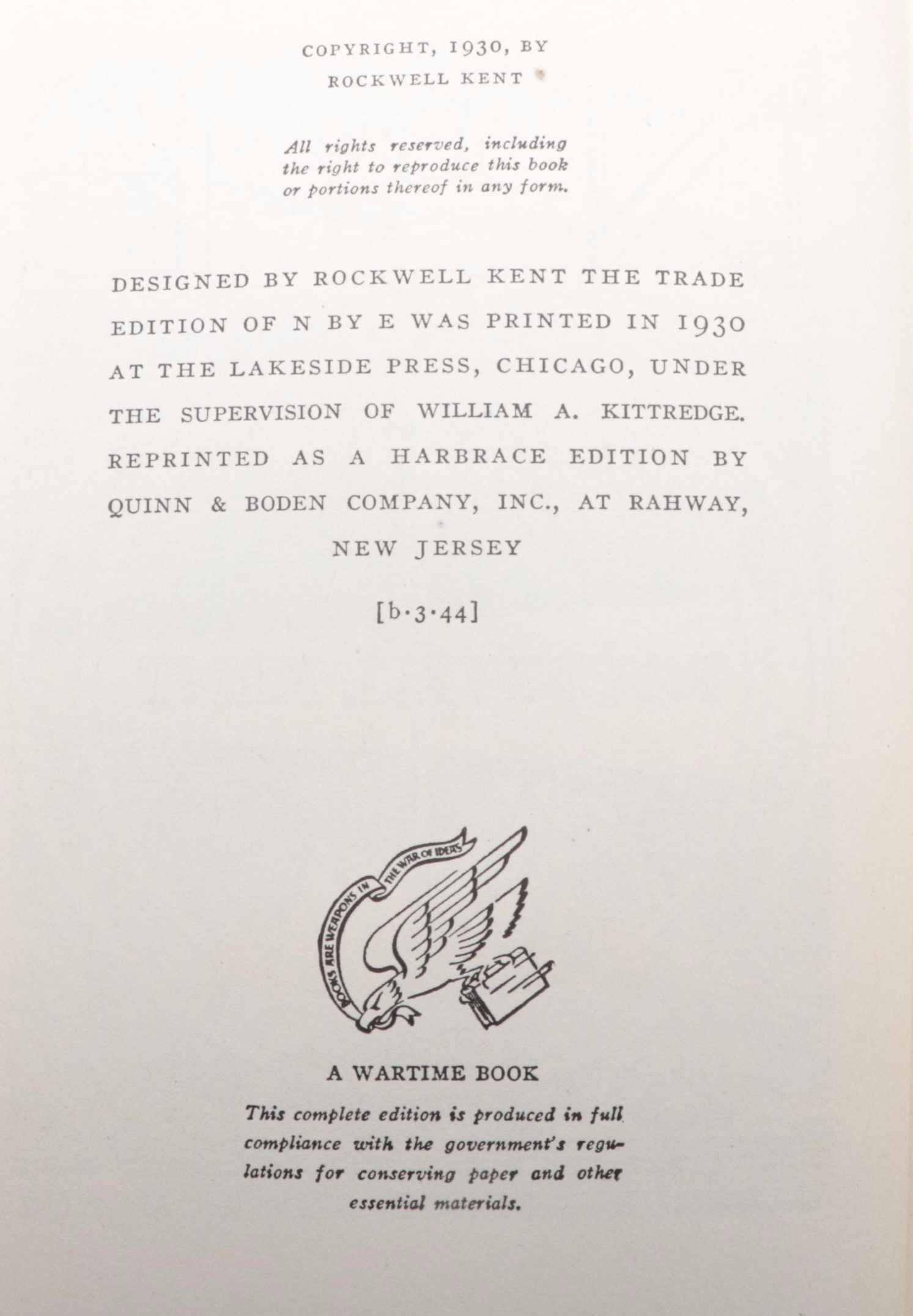 Signed "N by E" by Rockwell Kent, 1944