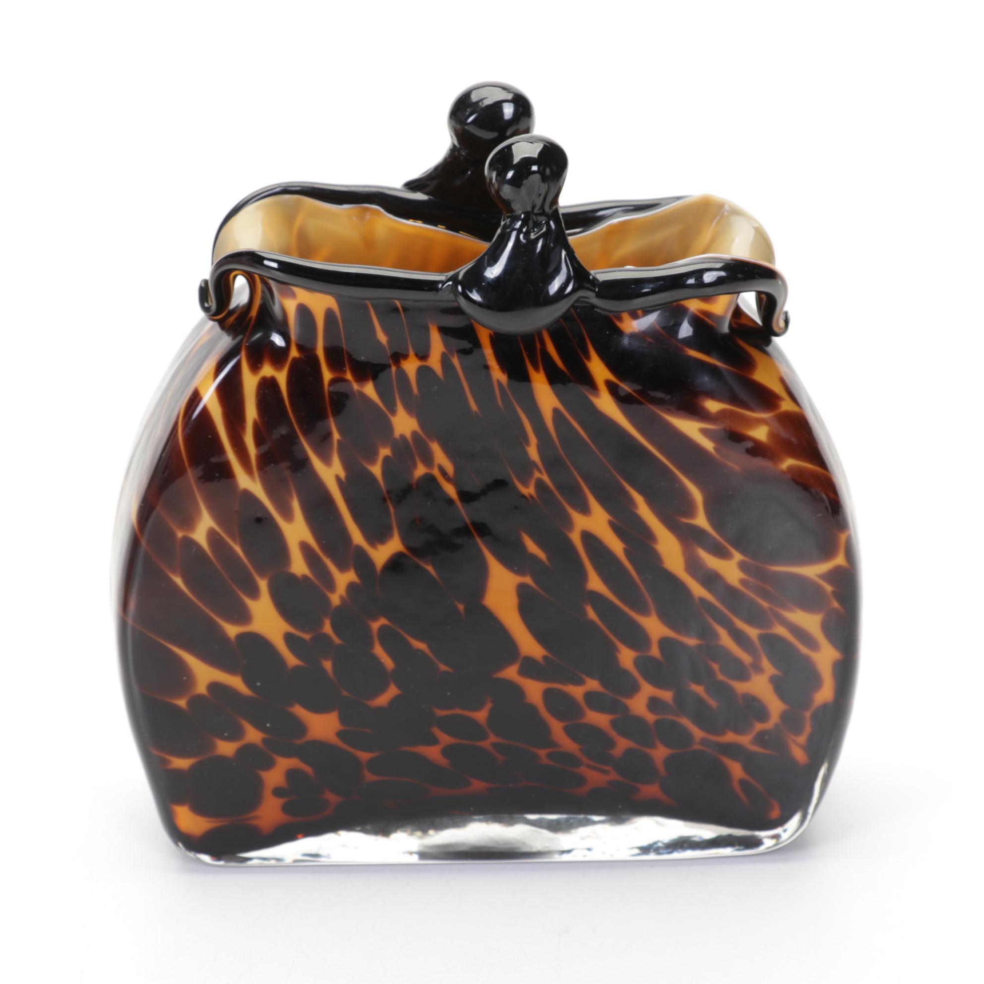 Murano Style Art Glass Tortoise Shell Purse and Speckled Vase