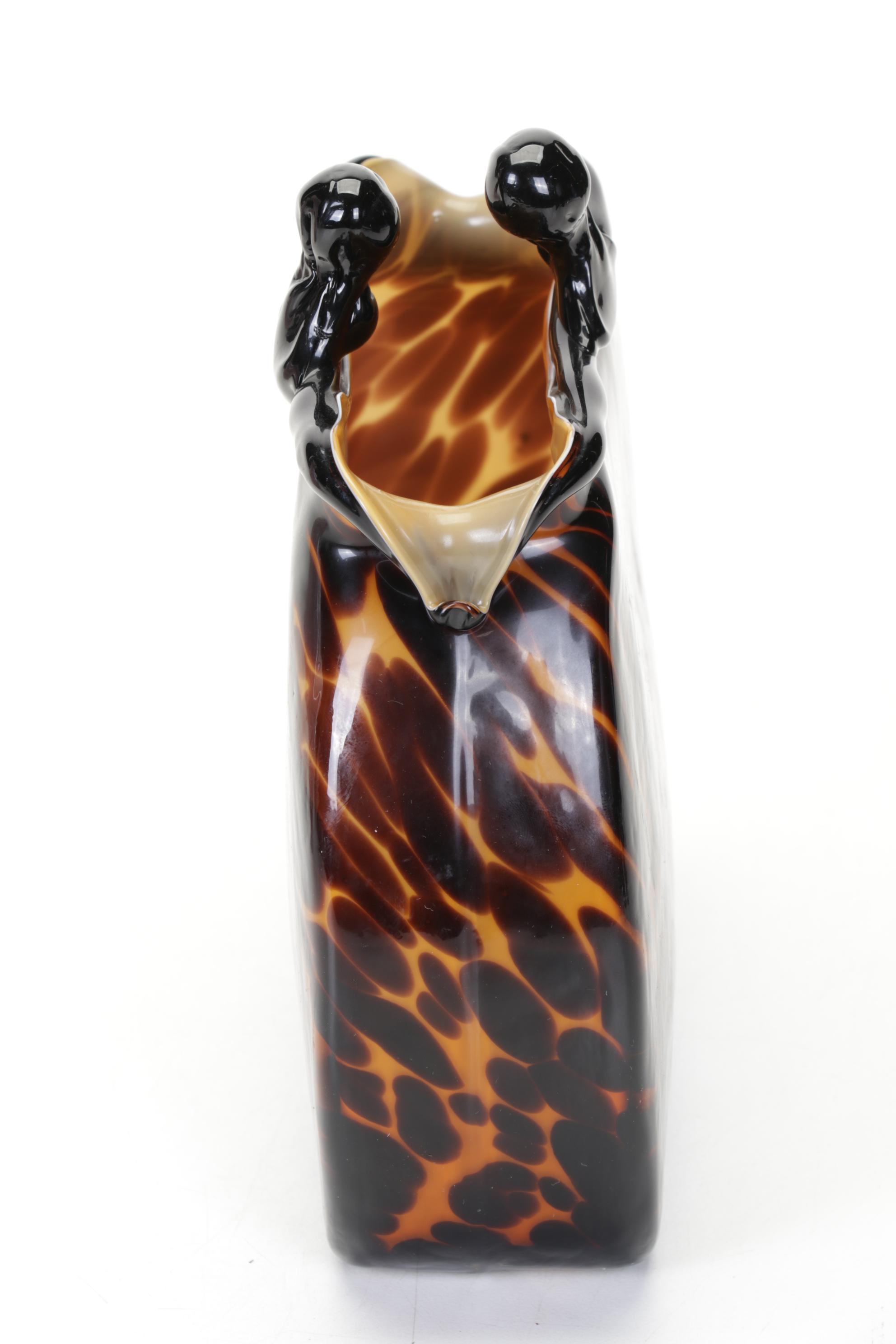 Murano Style Art Glass Tortoise Shell Purse and Speckled Vase