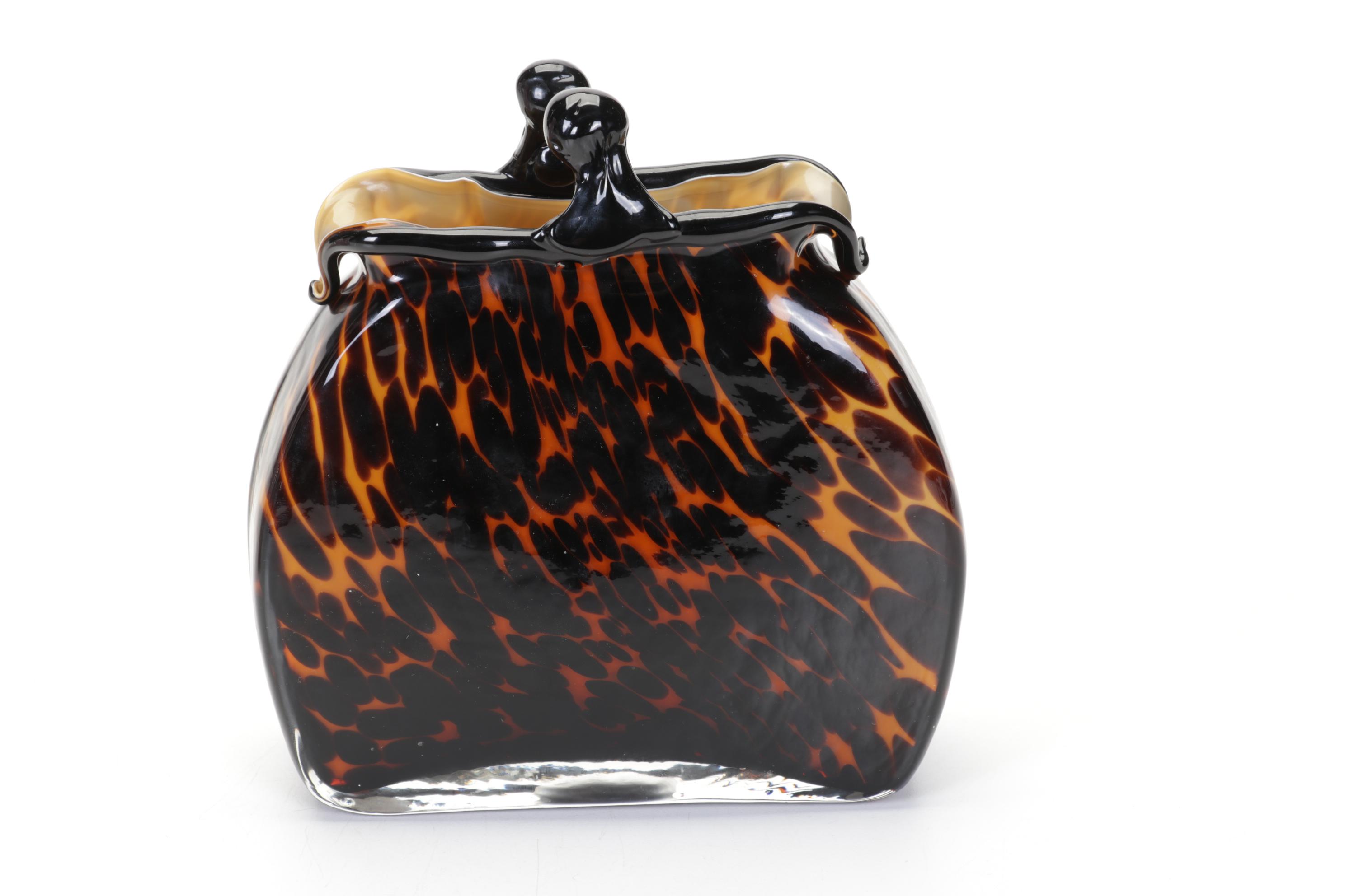 Murano Style Art Glass Tortoise Shell Purse and Speckled Vase