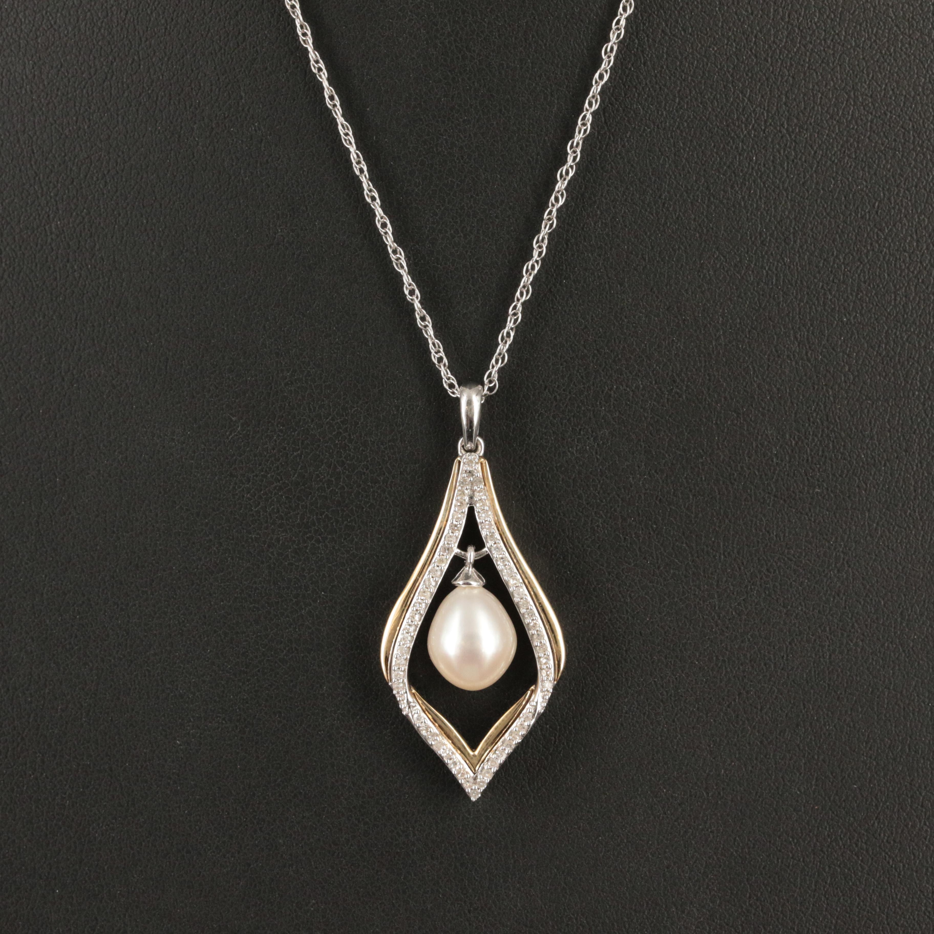 Sterling Pearl and Diamond Pendant Necklace with 14K Accent