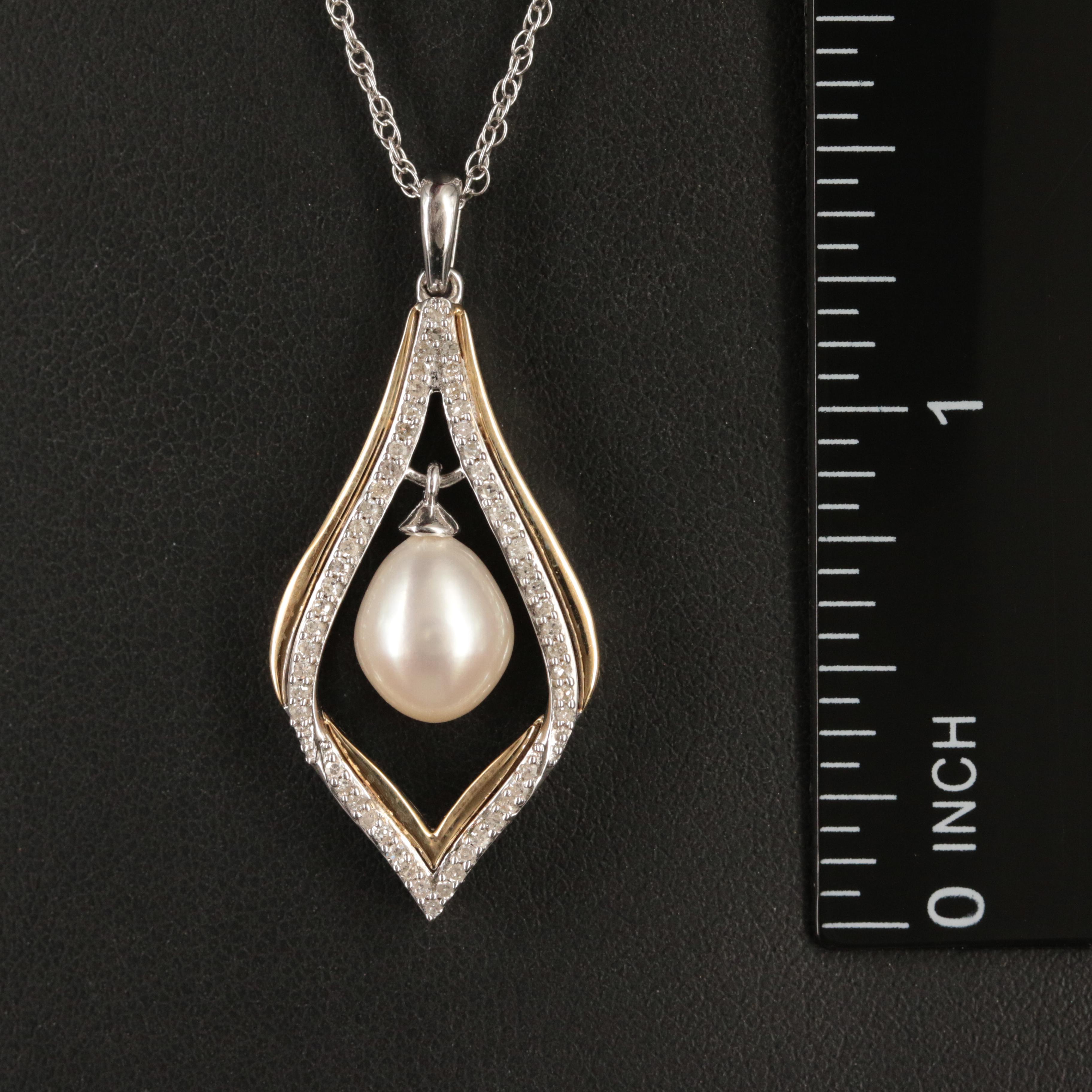Sterling Pearl and Diamond Pendant Necklace with 14K Accent