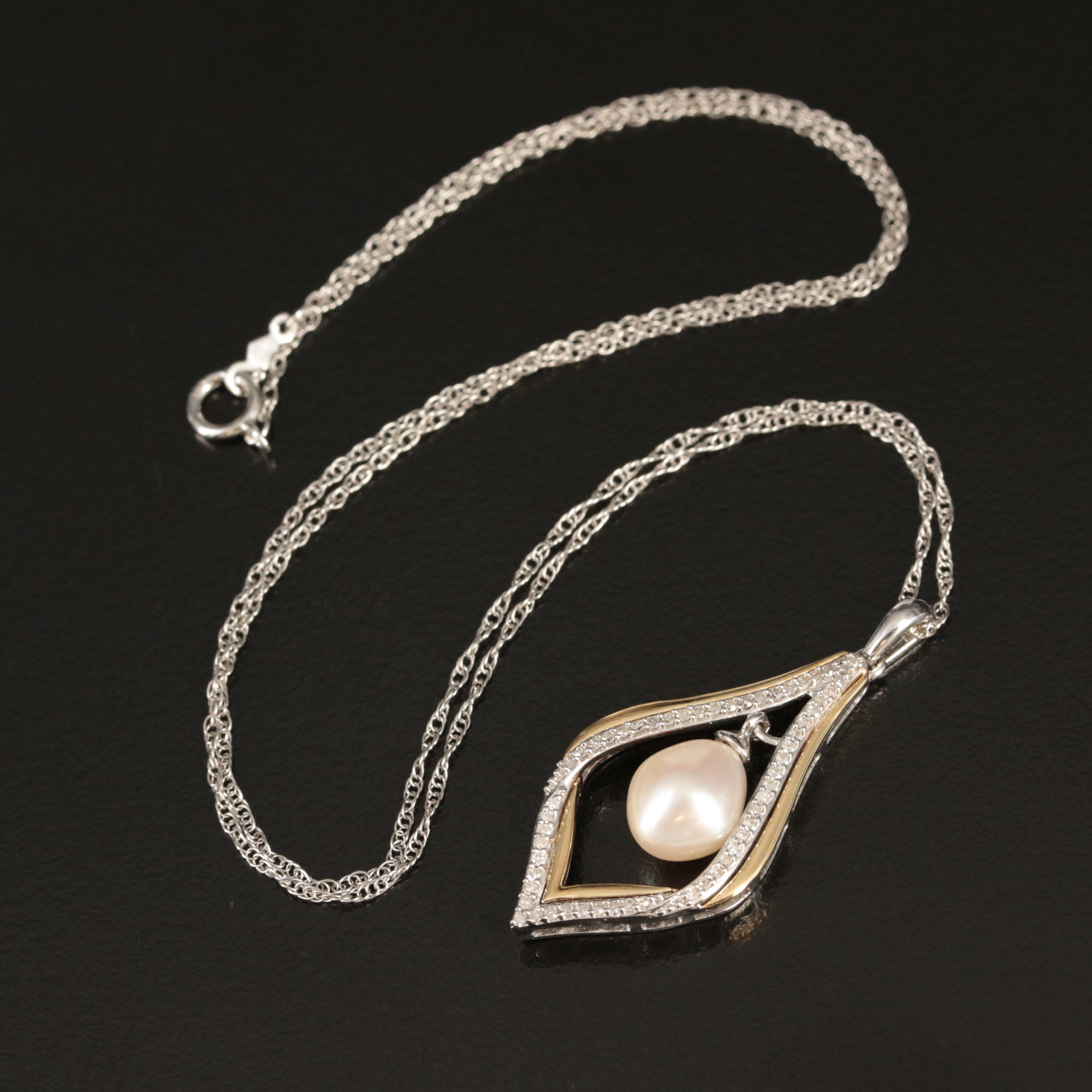 Sterling Pearl and Diamond Pendant Necklace with 14K Accent