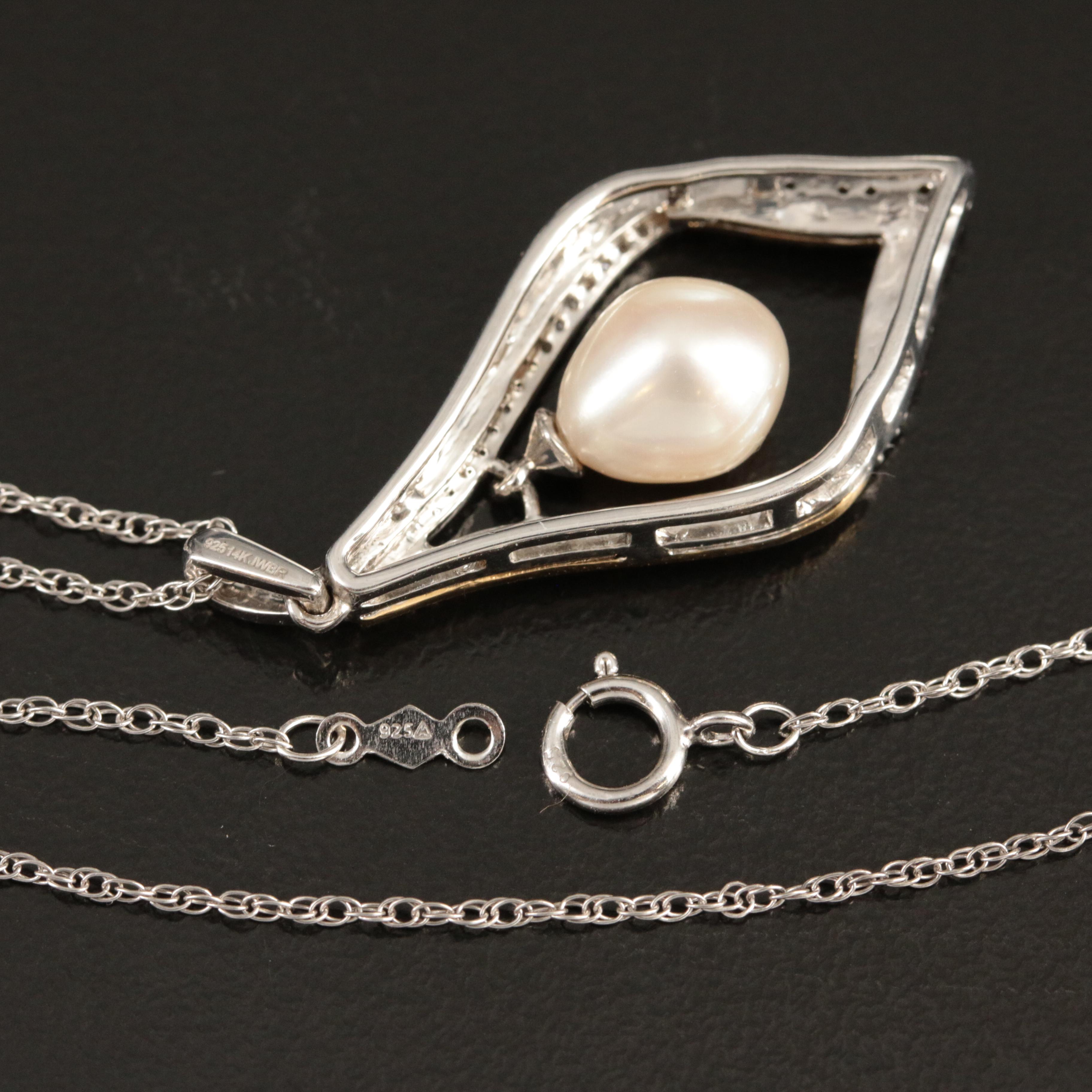 Sterling Pearl and Diamond Pendant Necklace with 14K Accent