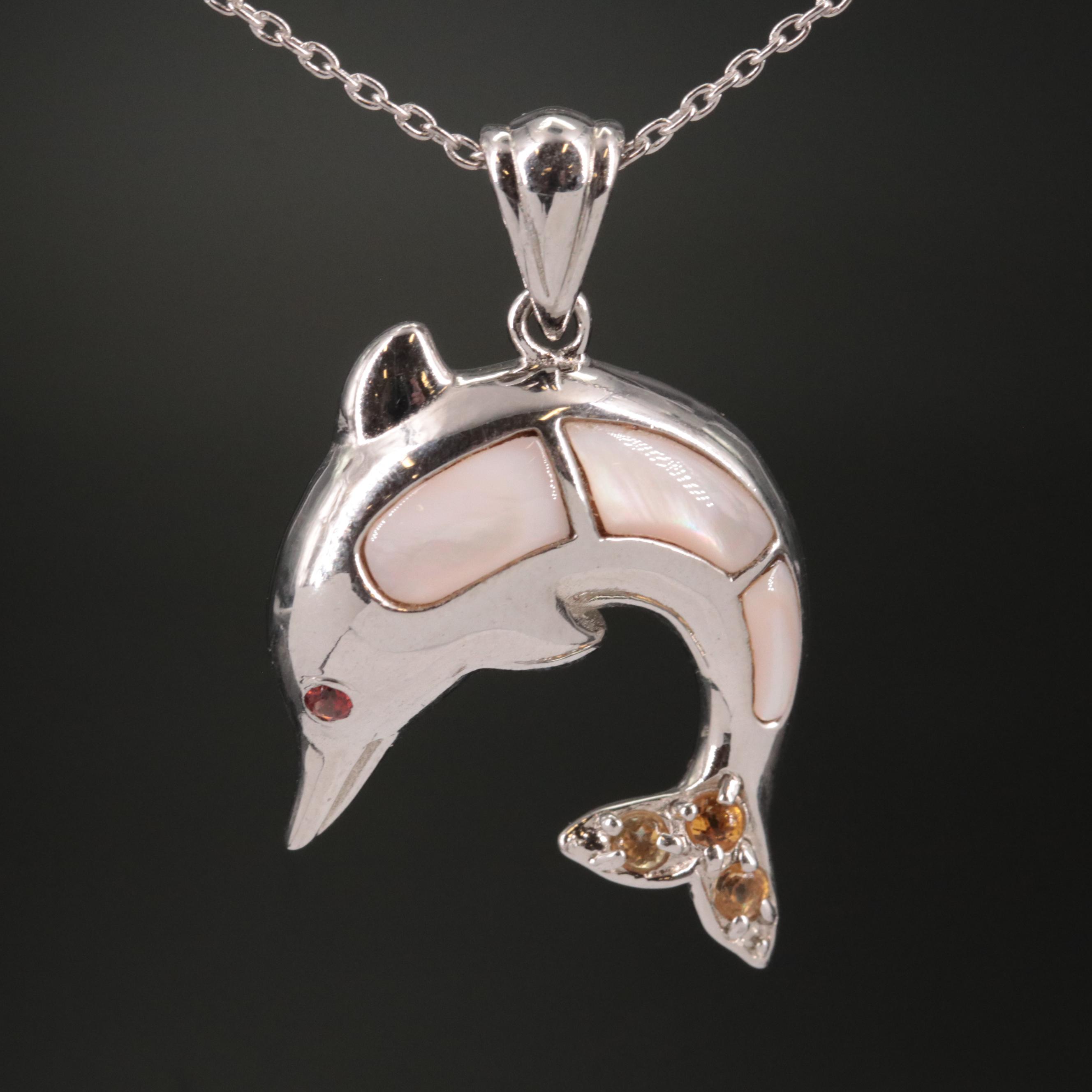 Sterling Mother of Pearl, Citrine, and Garnet Dolphin Pendant Necklace