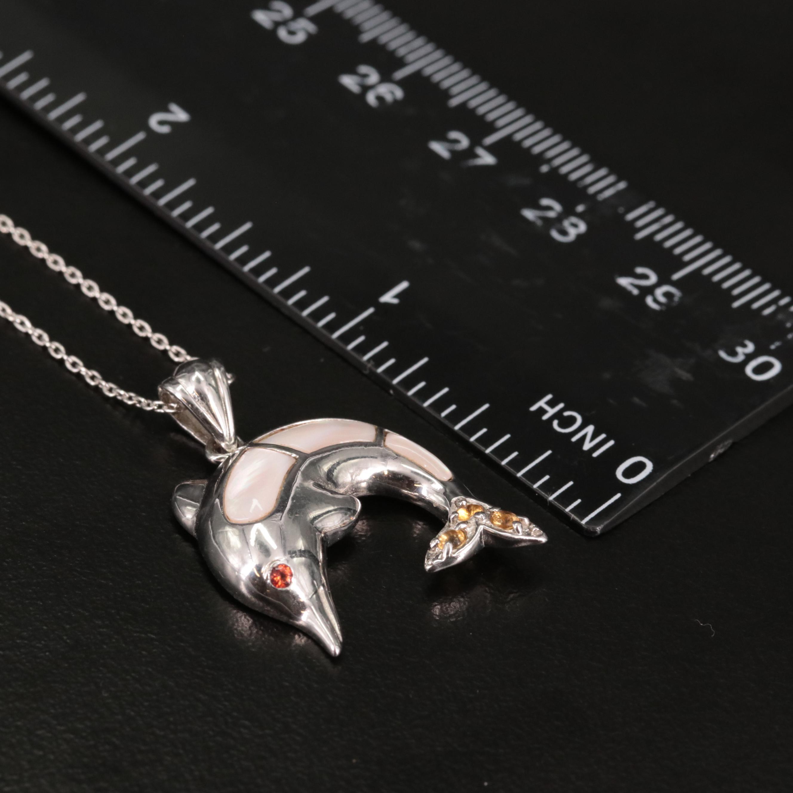 Sterling Mother of Pearl, Citrine, and Garnet Dolphin Pendant Necklace