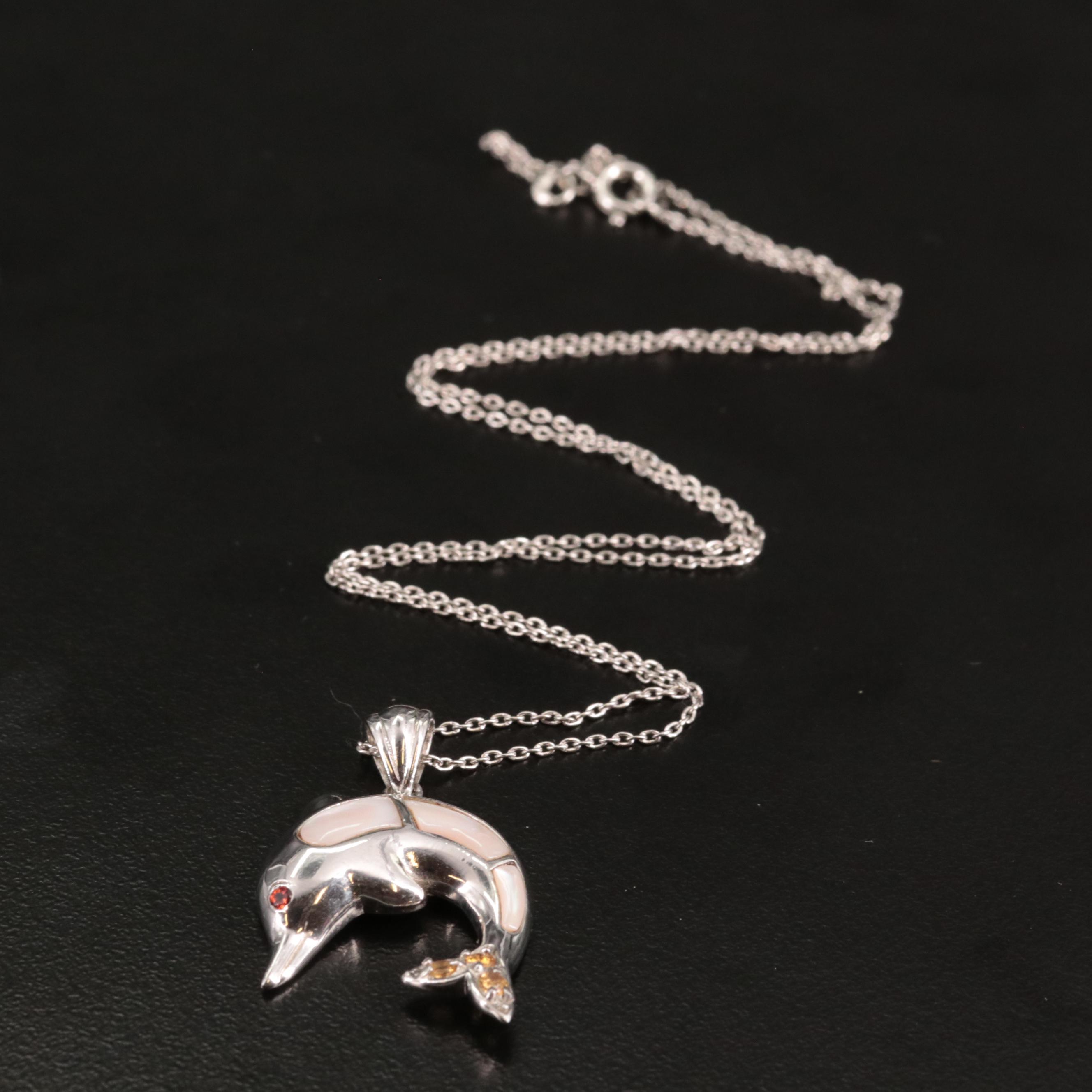 Sterling Mother of Pearl, Citrine, and Garnet Dolphin Pendant Necklace